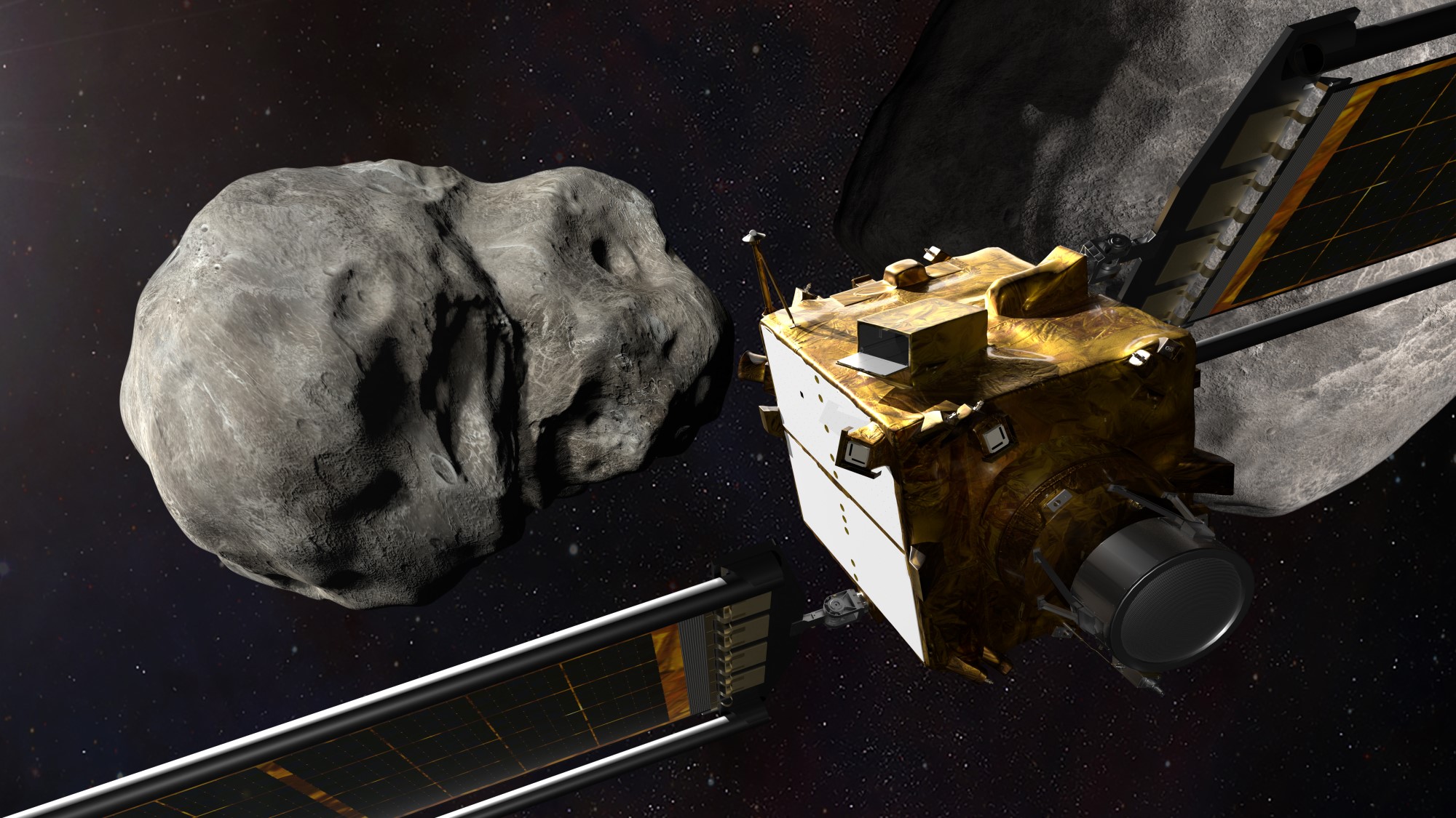 Illustration of DART satellite closing in on asteroid moon Dimorphos.