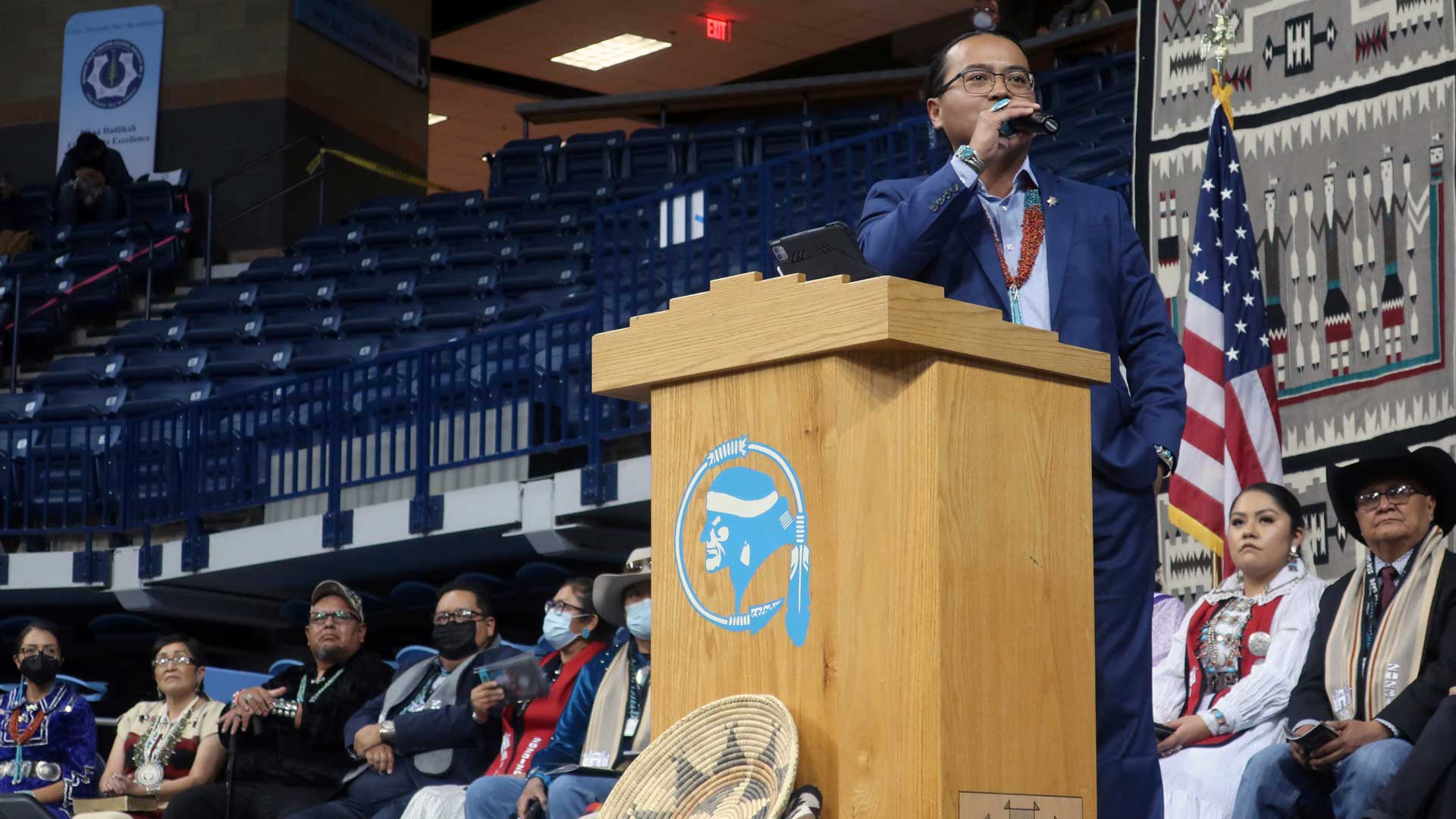 Navajo President Buu Nygren delivers his inaugural speech Tuesday, Jan. 10, 2023, in Fort Defiance, Ariz. Navajo President Buu Nygren is the youngest person elected to the position, while Vice President Richelle Montoya is the first woman to hold that office. (AP Photo/Felicia Fonseca)