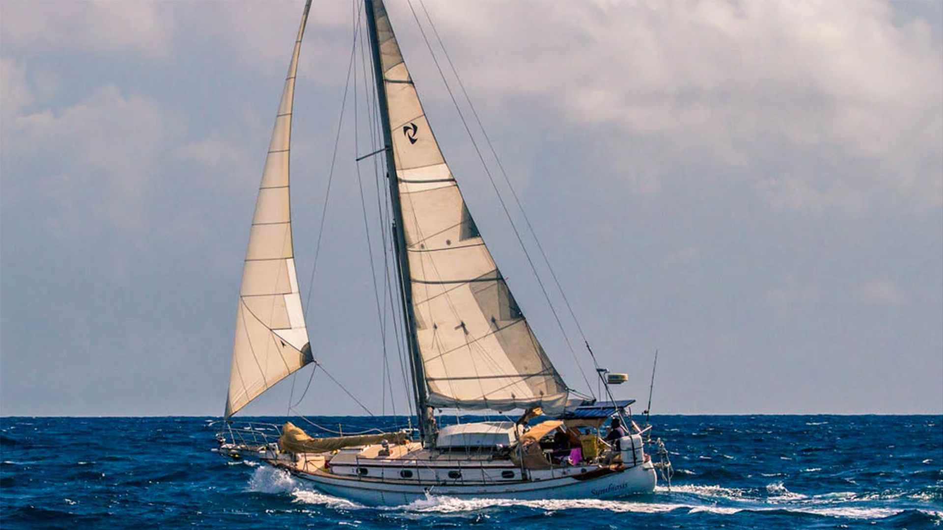 Author Scott Neuman's sailboat, Symbiosis, on passage between St. Lucia and Martinique in 2017.