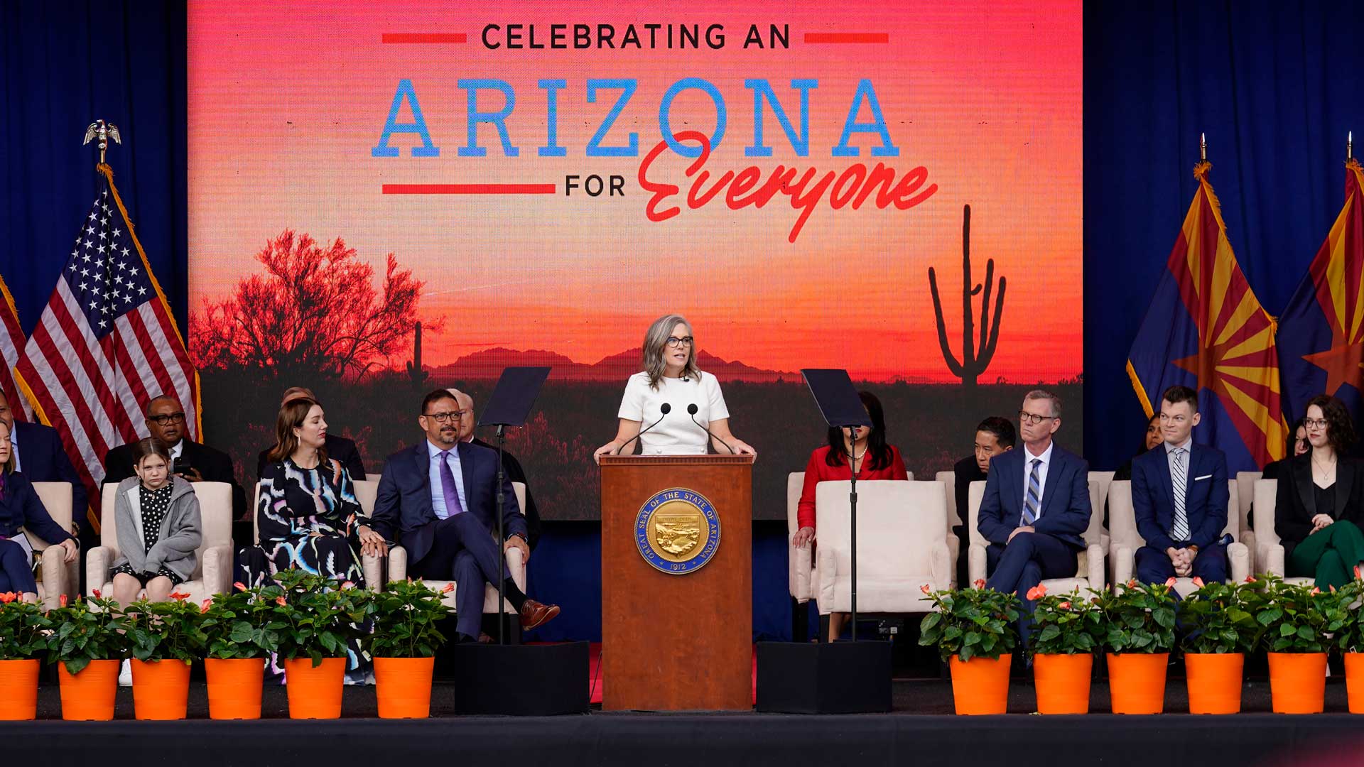 Arizona Democratic Gov. Katie Hobbs speaks after taking a ceremonial oath of office during a public inauguration at the state Capitol in Phoenix, Thursday, Jan. 5, 2023. 