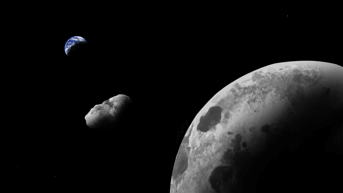 Illustration of Kamo'oalewa asteroid accompanying Earth and the Moon in solar orbit. 