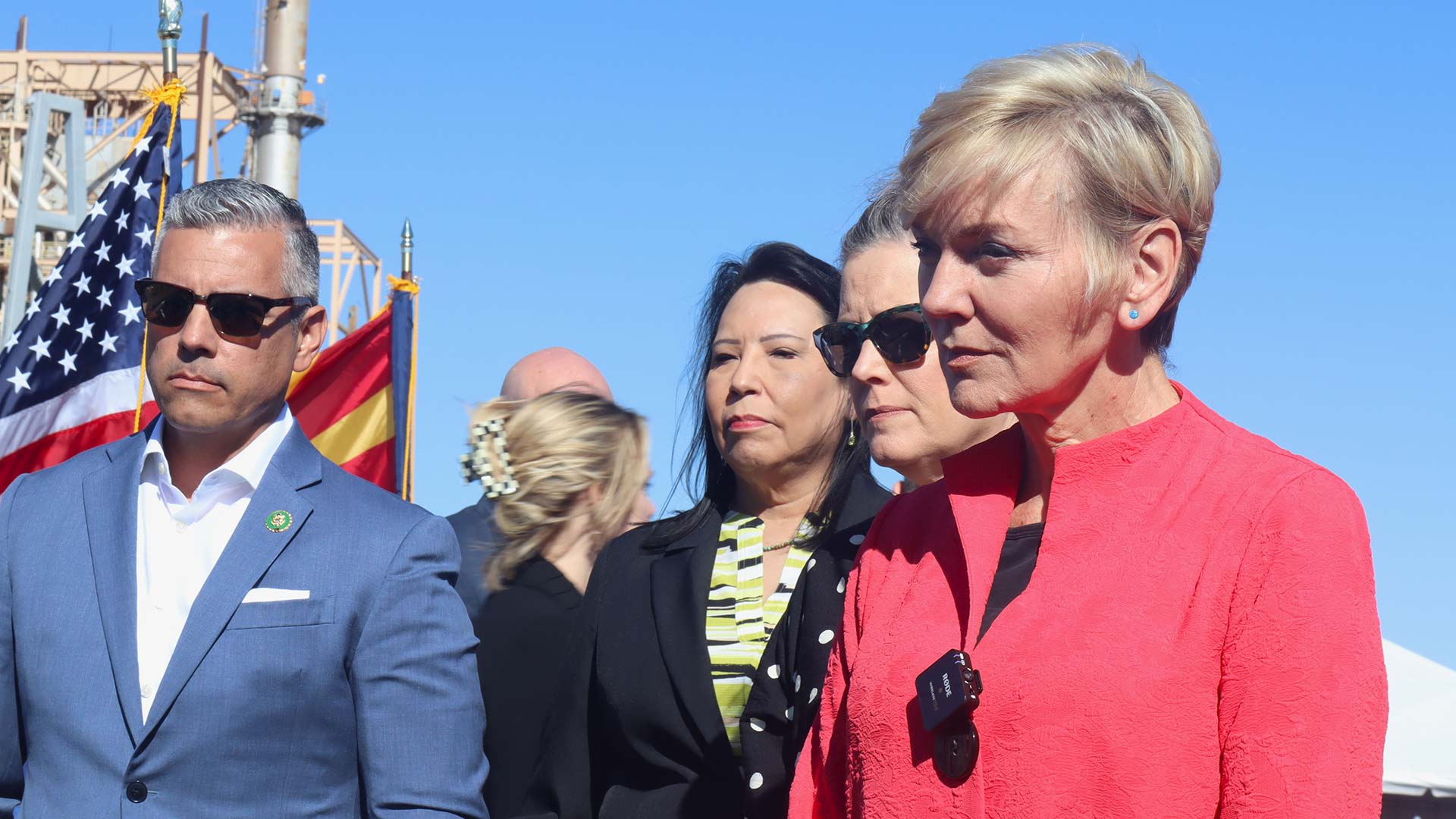 From left to right: Congressman Juan Ciscomani, Administrator and CEO of Western Area Power Administration Tracey LeBeau, Arizona Governor Katie Hobbs and Secretary of U.S. Department of Energy Jennifer Granholm at the Apache Generating Station in Cochise, AZ. October 30, 2023.