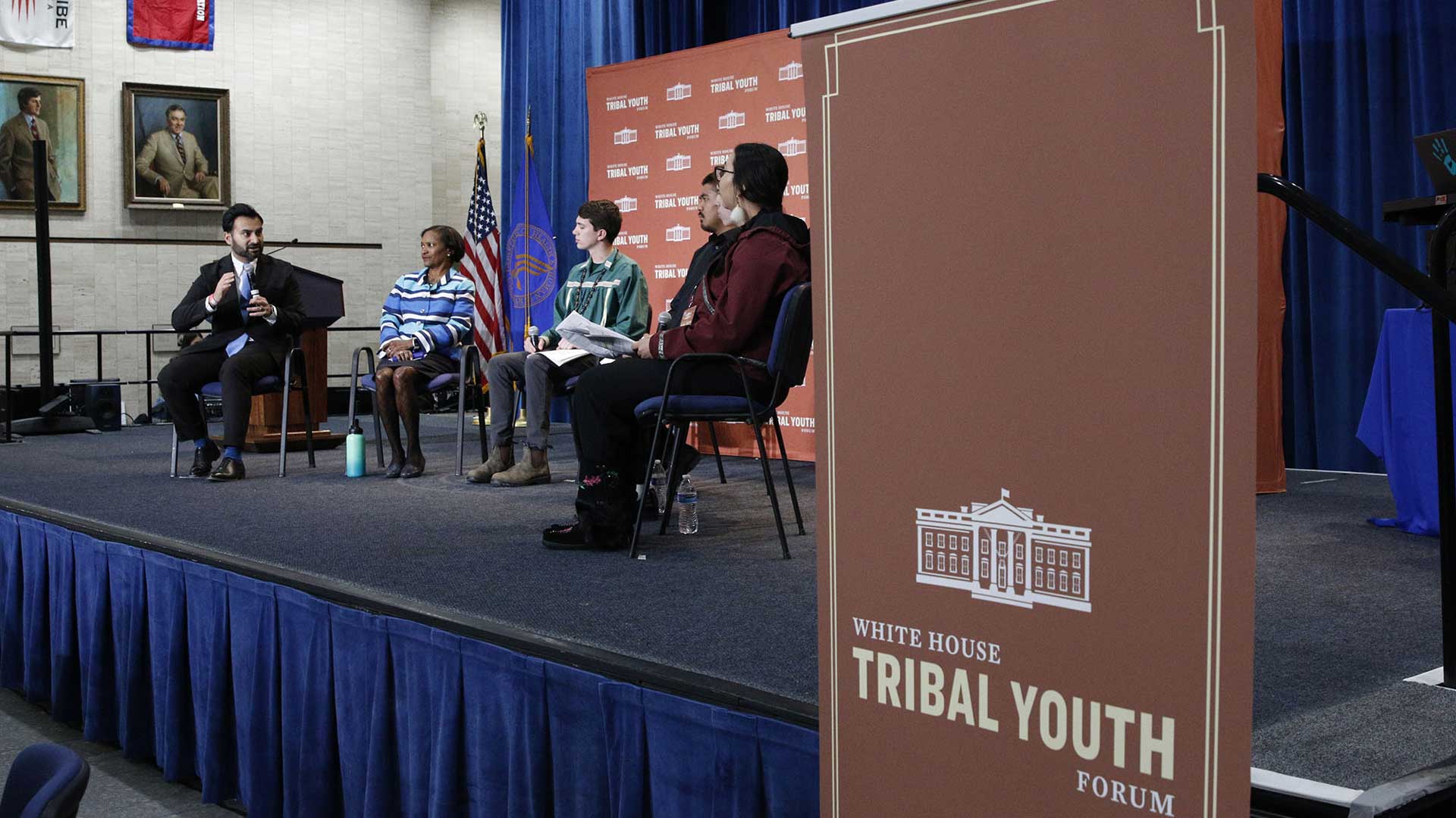 From left, National Climate Advisor Ali Zaidi and White House Council on Environmental Quality Chair Brenda Mallory take part in a panel with Native teens as part of the White House Tribal Youth Forum. November 2023. 