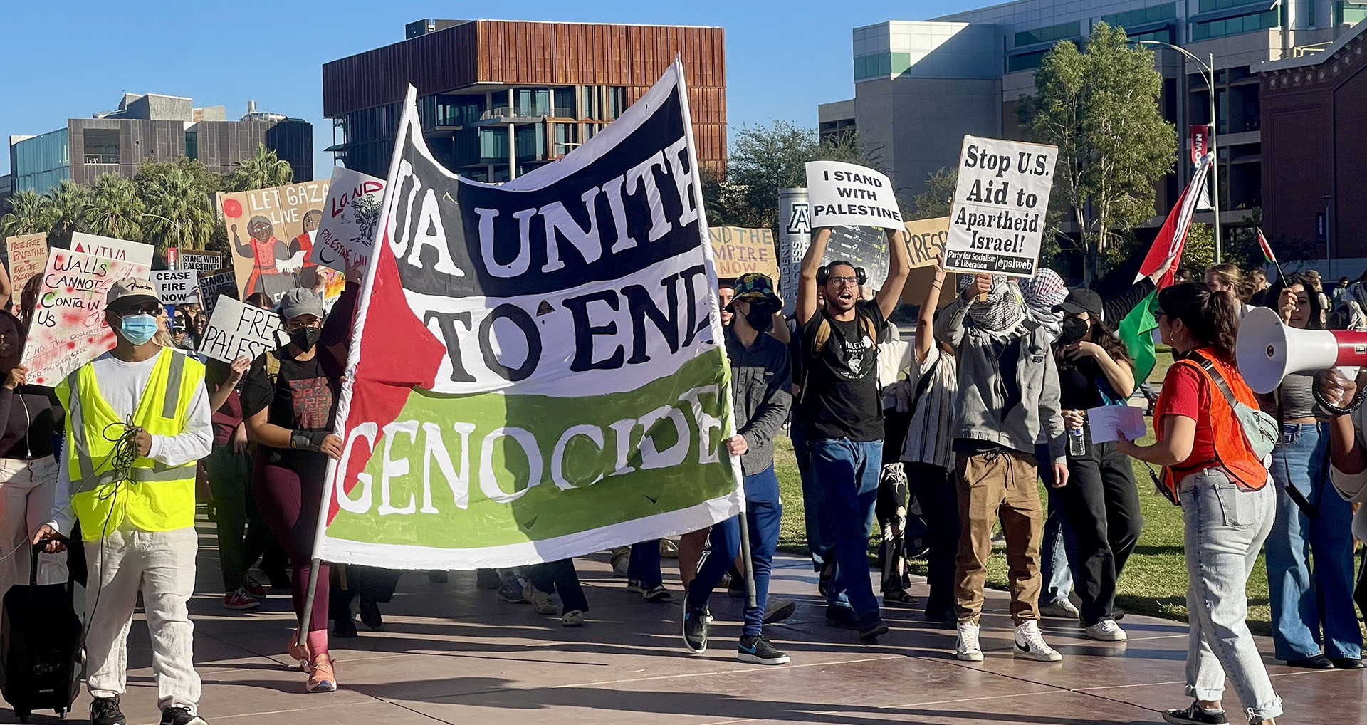 Students, activist groups, and community members march on the University of Arizona campus in solidarity with Palestine on Thursday, Nov. 9, 2023 in Tucson, Ariz. The Israel-Hamas conflict has reportedly killed more than 10,000 Palestinians, and over 1,400 Israelis since Oct. 7. 
