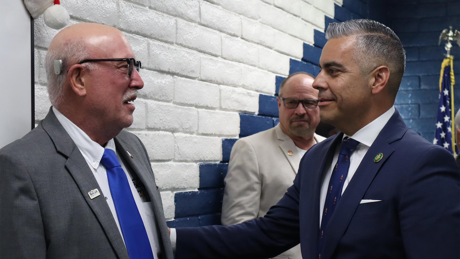 U.S. Representative Juan Ciscomani (right) talks with Benson Mayor Joe Konrad (left) ahead of the round table discussion hosted by the Sierra Vista Area Chamber of Commerce. December 19, 2023. 