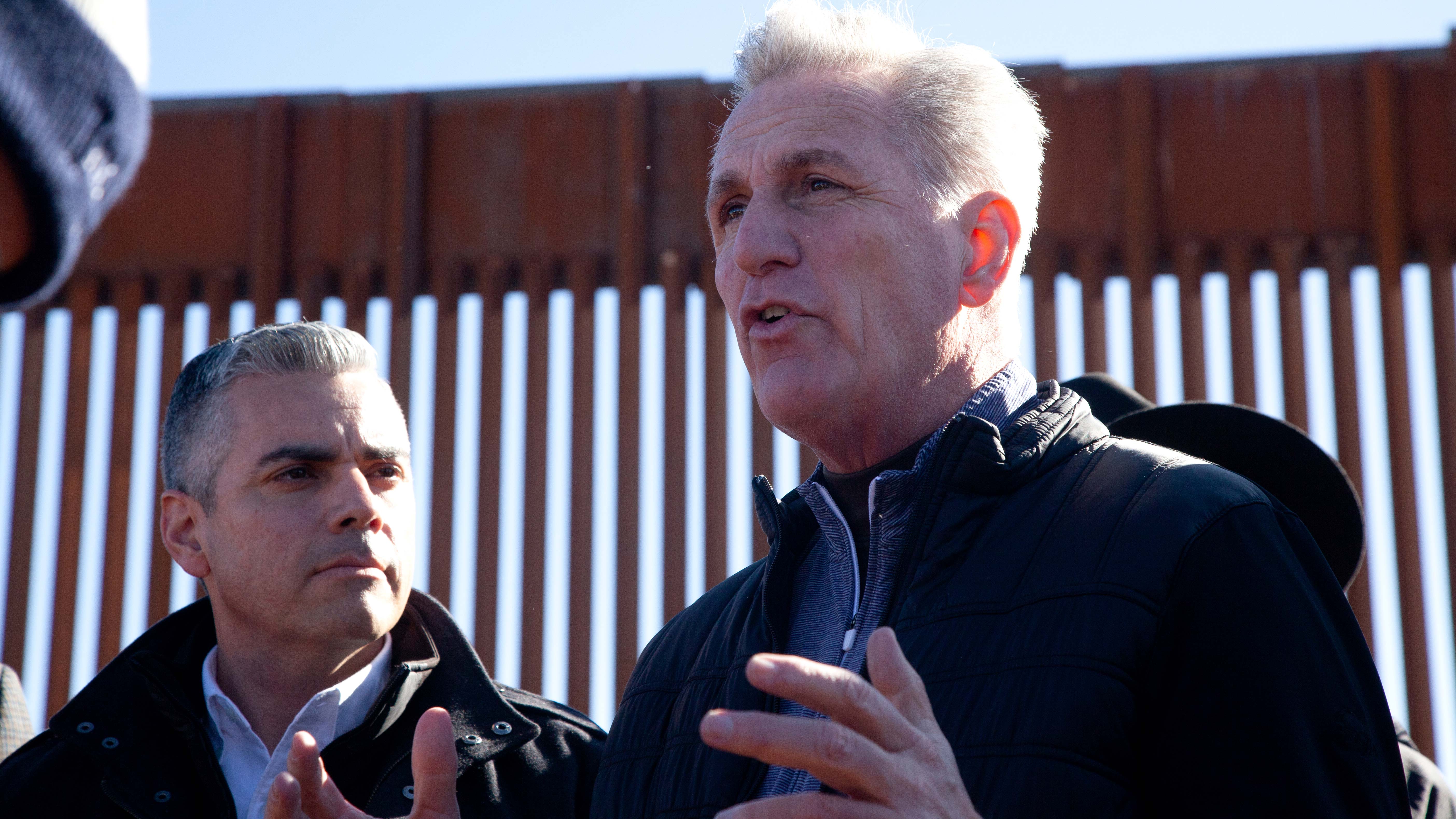 Republican U.S. House Speaker Kevin McCarthy speaks about "gaps in the border" during a press gaggle along the Southern Arizona border on Thursday, Feb. 16, 2023 in Hereford, AZ. During his trip, McCarthy emphasized the need for more hearings along the border and asked for Secretary of Homeland Security Alejandro Mayorkas to visit and listen to locals. 