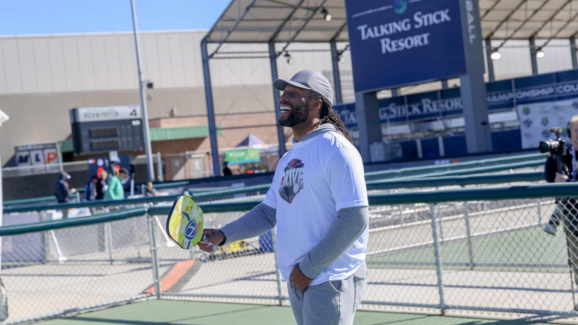 Former Arizona Cardinals star Larry Fitzgerald joined former New Orleans Saints quarterback Drew Brees for a game of pickleball in January 2023. 