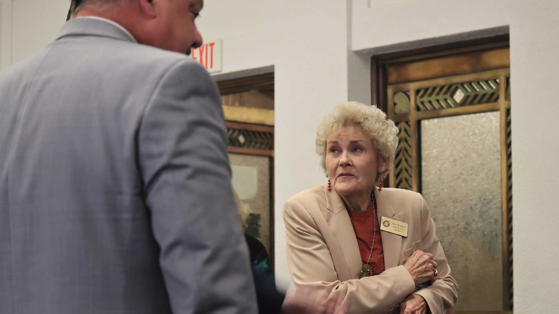 Cochise County District Two Supervisor Ann English (right) talks with the board’s attorney Timothy La Sota (left) after May 29 hearing concluded at the Cochise County Superior Court in Bisbee, AZ.

