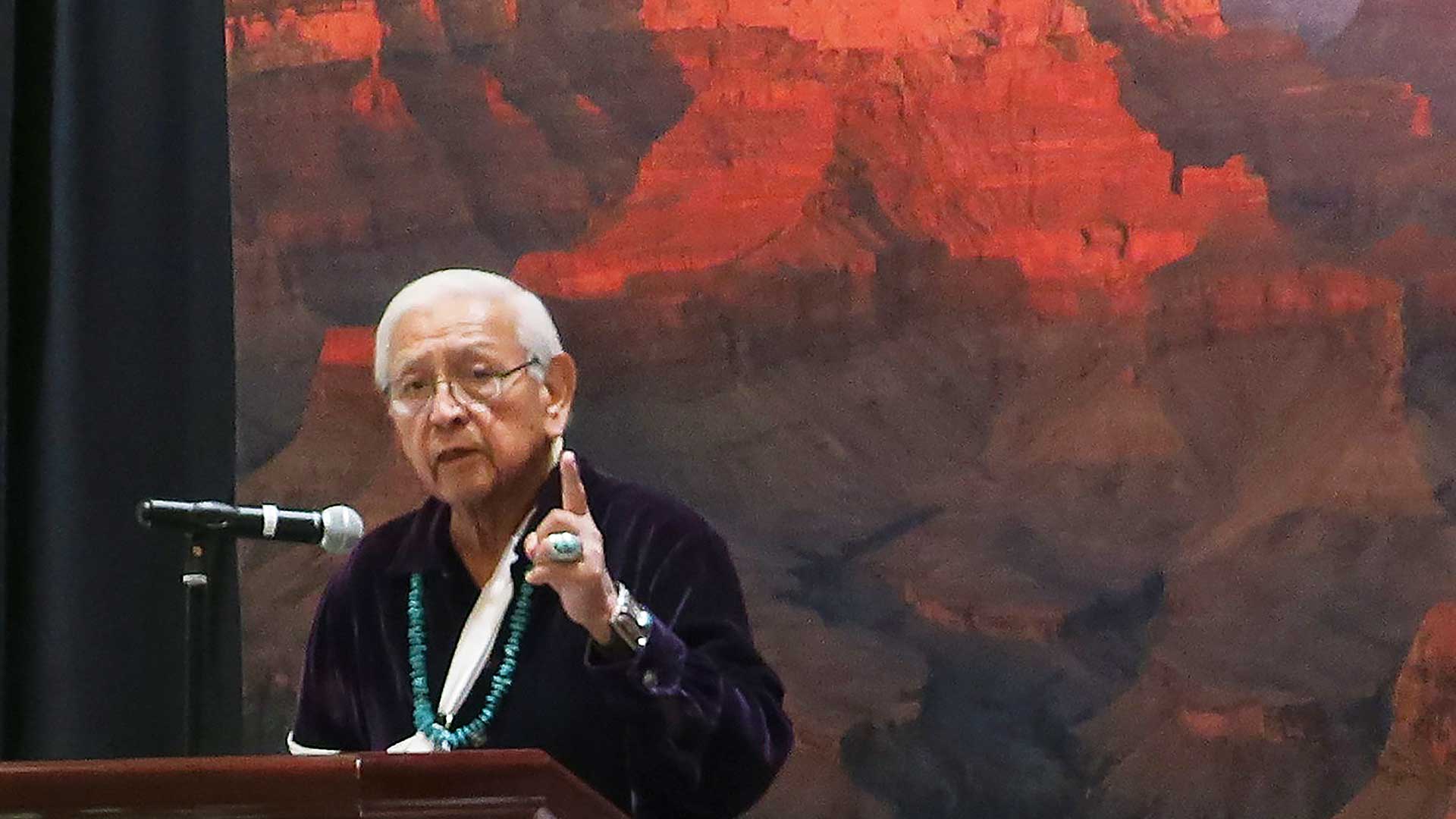 Former Navajo chairman and president, Peterson Zah, speaks to a crowd gathered to honor his work in promoting Navajo language and culture, inspiring youth, and strengthening tribal sovereignty on Jan. 11, 2022, at the Navajo Nation casino east of Flagstaff, Ariz.