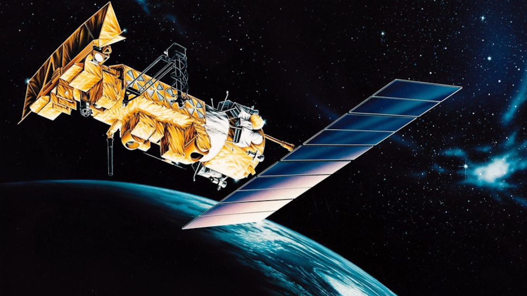 A weather satellite is depicted in Earth orbit.