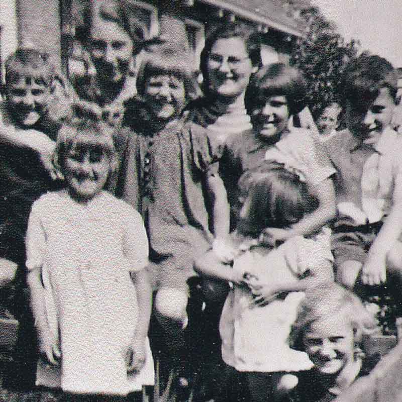Andrew (far right) with friends before the Holocaust. His oldest sister, Antje (back row, in glasses), was killed by the Nazis at the start of the war.