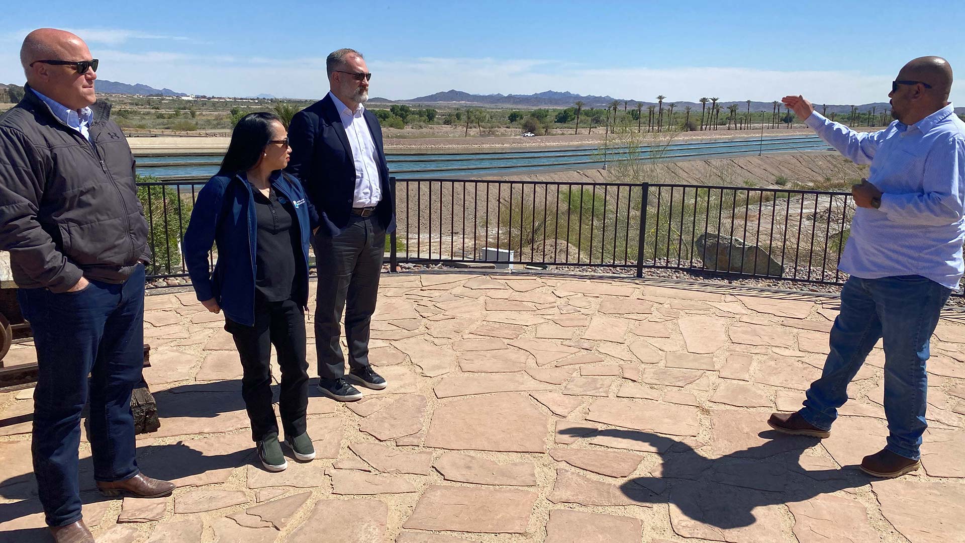 White House Infrastructure Implementation Coordinator Mitch Landrieu, Bureau of Reclamation Commissioner Camille Calimlim Touton and Senior Advisor to the President and Deputy Secretary of the Interior Tommy Beaudreau, during a visit to the Imperial Dam on Tuesday, April 5. 