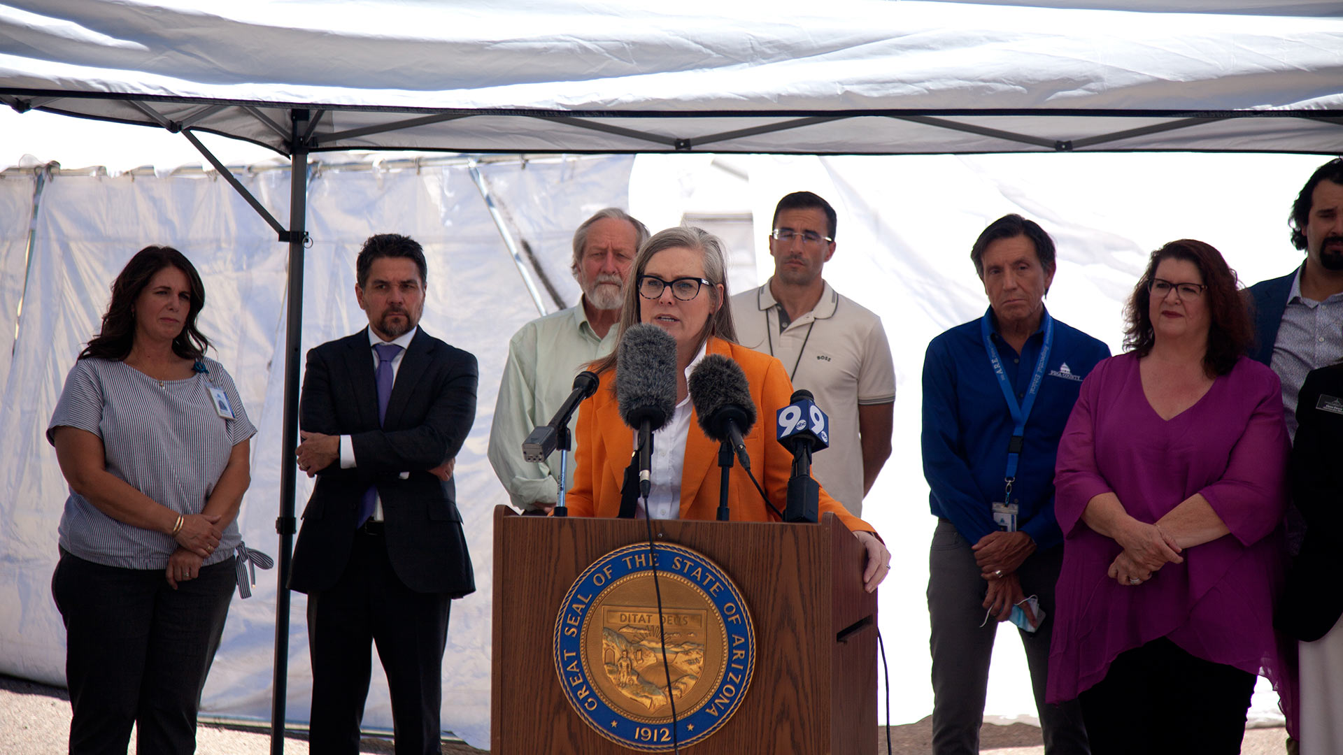 Arizona Governor Katie Hobbs discusses her new five point preparedness approach during a press conference at Casa Alitas in Tucson on Tuesday, May 9, 2023. 