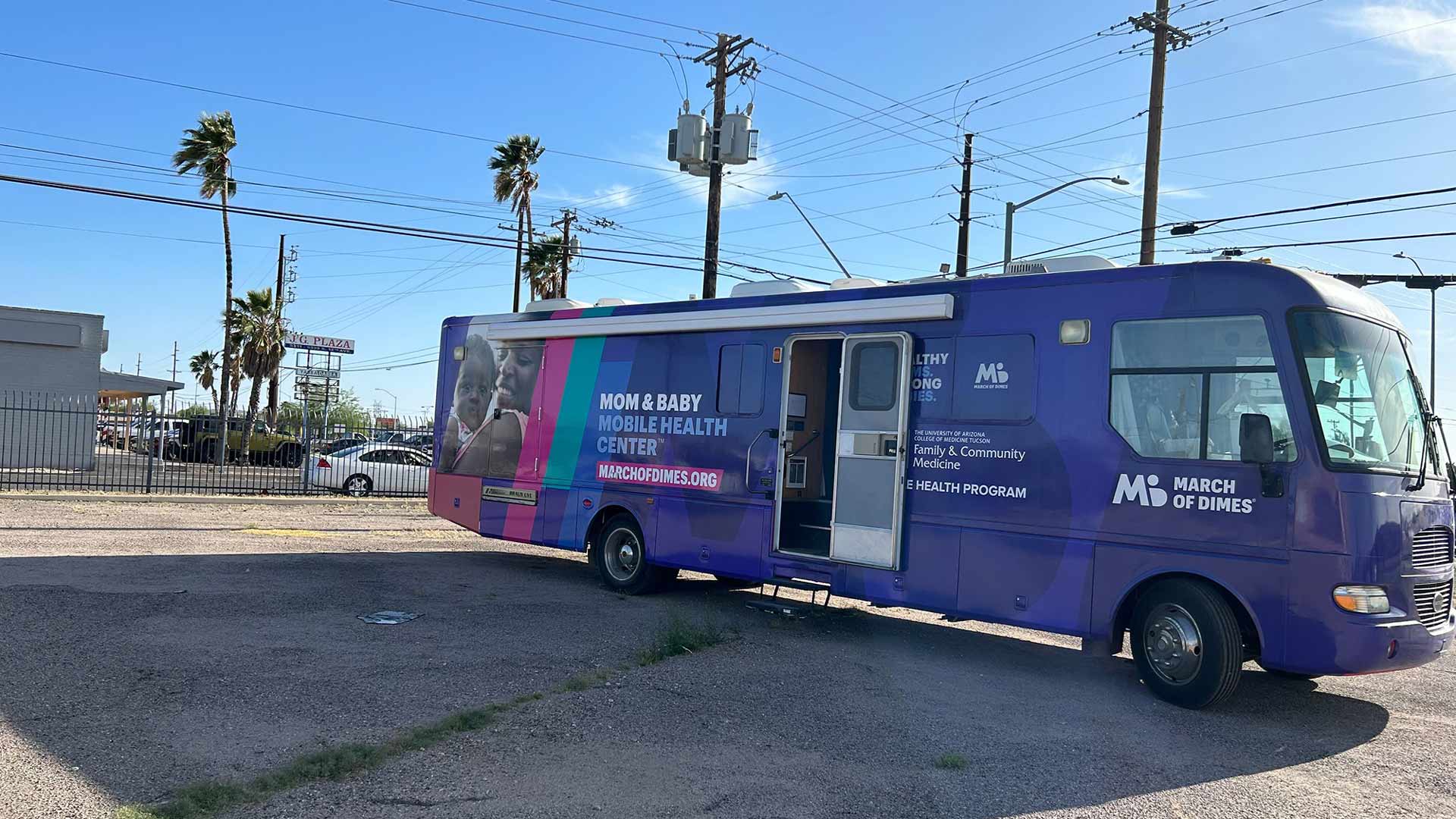 The bright purple, March of Dimes Mom and Baby Unit, provides health care to the uninsured, underinsured, and people who are homeless in Tucson.