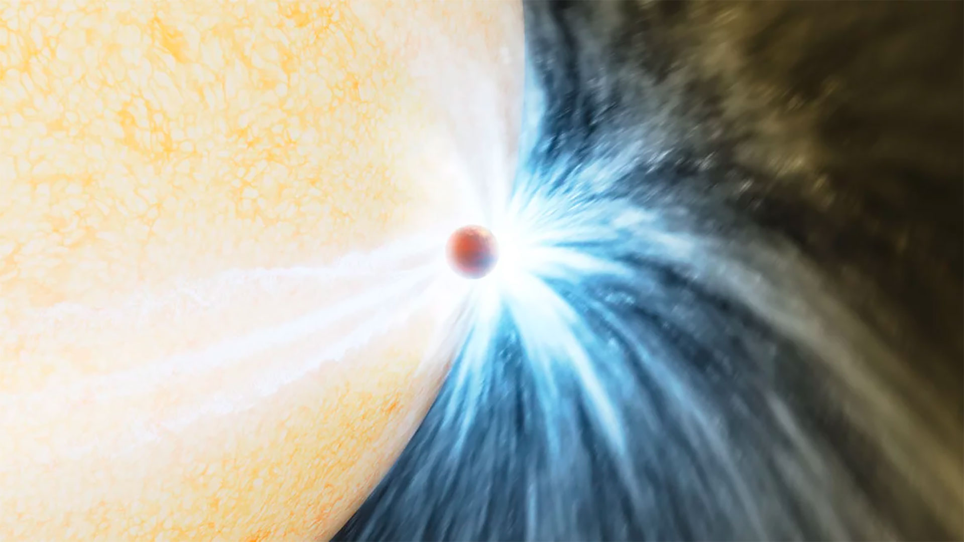 An artist's impression of an aging star swelling up and beginning to engulf a planet, much like the Sun will do in about 5 billion years.