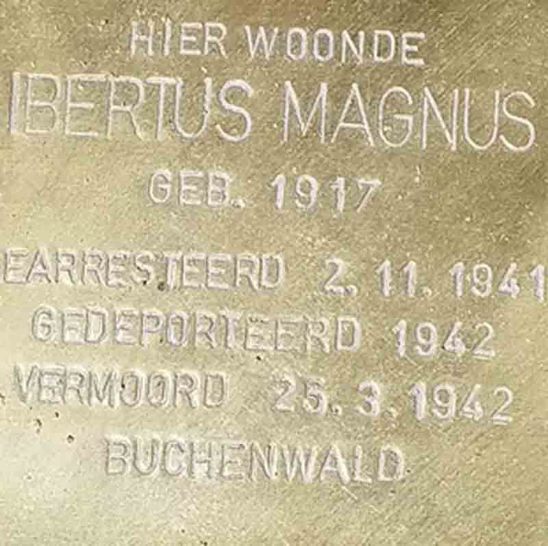 German artist Gunter Demnig created tens of thousands of commemorative plaques throughout Europe to memorialize those killed by the Nazi regime. Called “stumble stones,” they are gold-painted concrete cubes inscribed with the name and life dates of victims. A stumble stone for Bertie’s uncle, Bert Magnus was placed in front of the family home in Groningen.