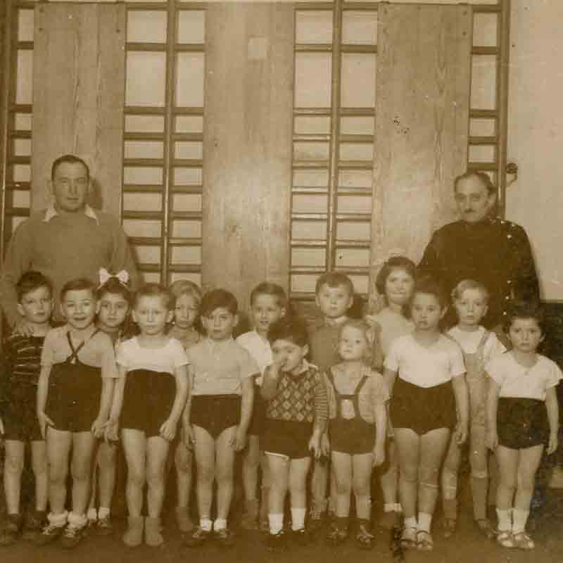Robert, age 4 (front, center) in fencing class. Saber fencing was a popular sport for Hungarian Jews, especially after Ilona Elek, a Hungarian Jew, won the gold medal in women’s saber fencing in the 1936 Olympics. 