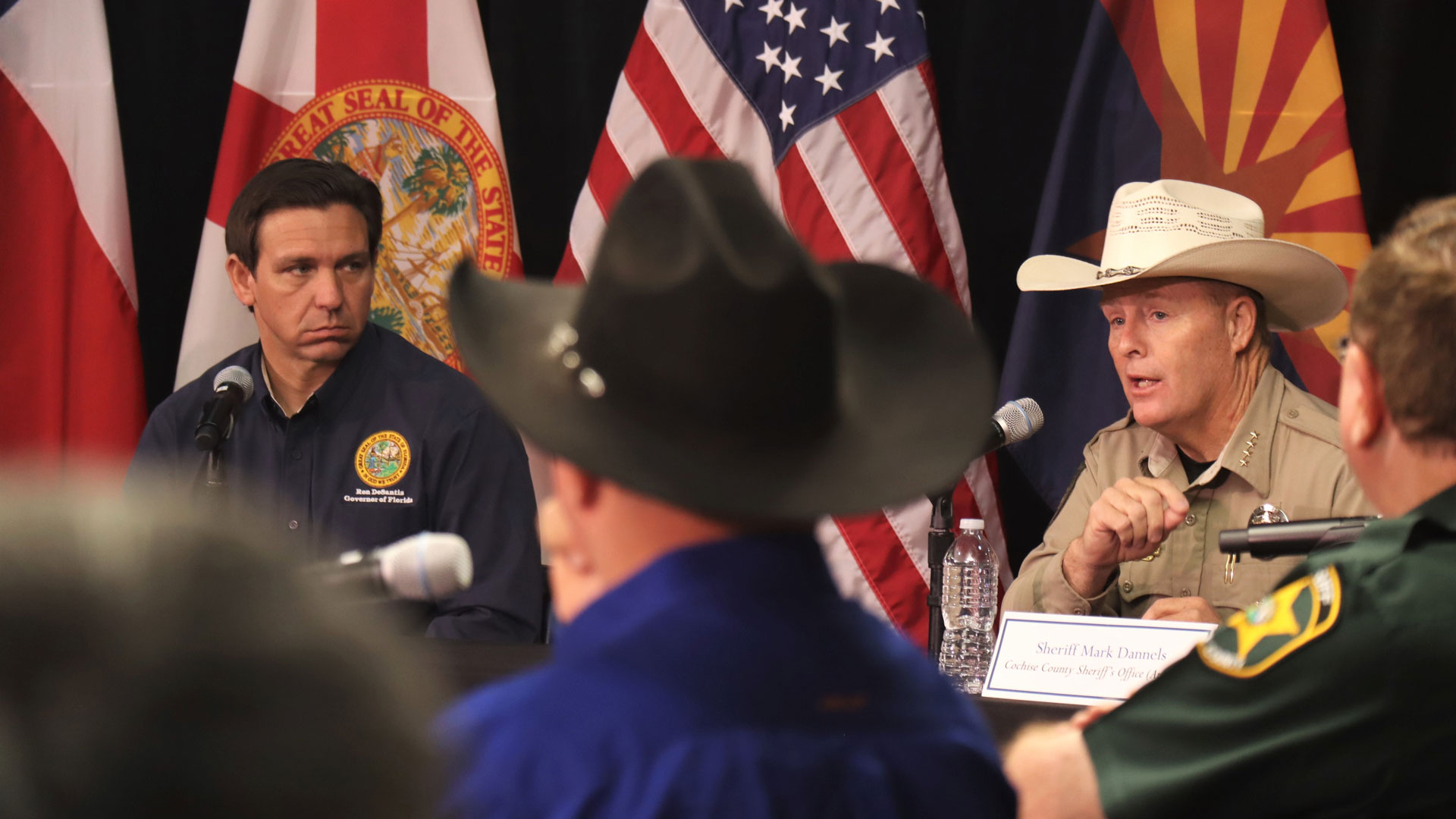 Florida Governor Ron DeSantis (left) and Cochise County Sheriff Mark Dannels (right) convene with seven other county sheriffs at Cochise College's Sierra Vista Campus Wednesday to discuss the U.S. Mexico border. June 7, 2023. 