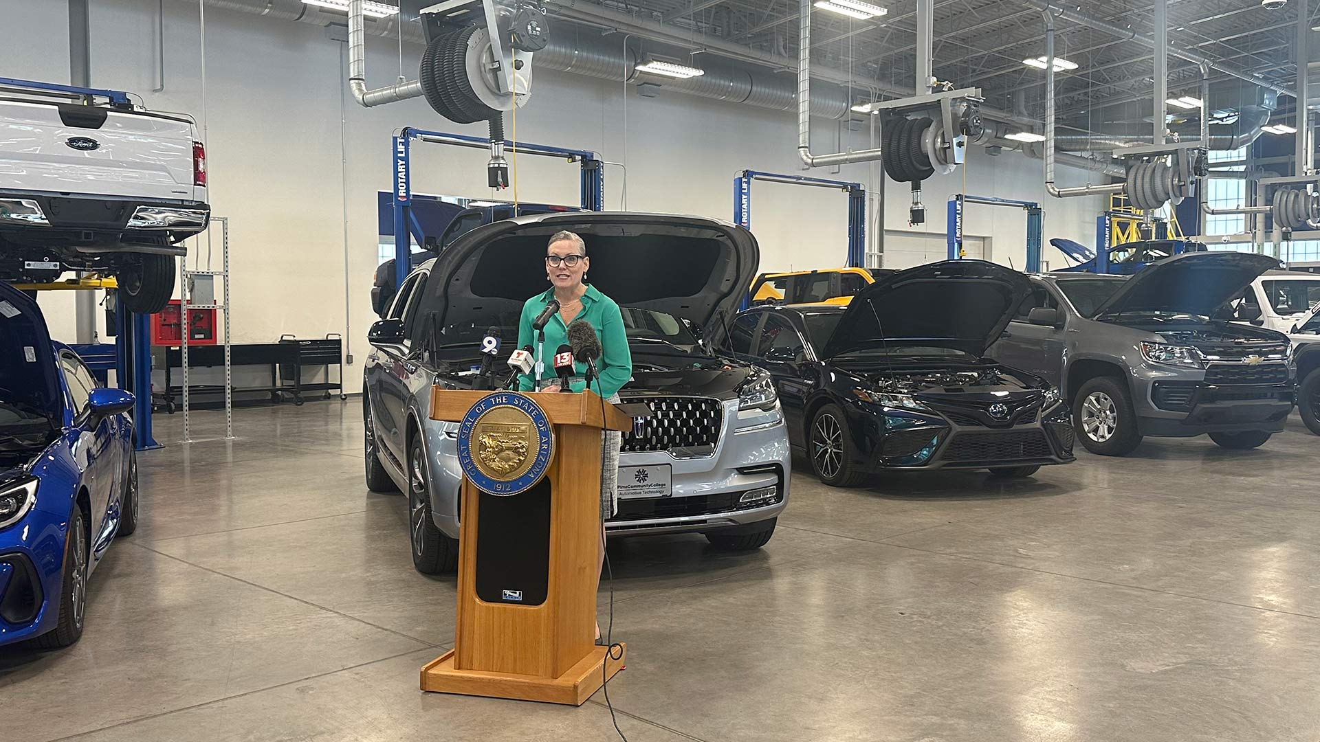 Governor Katie Hobbs is speaking at a press conference in the automotive technology innovation center at Pima Community College in Tucson on Monday, July 7, 2023.