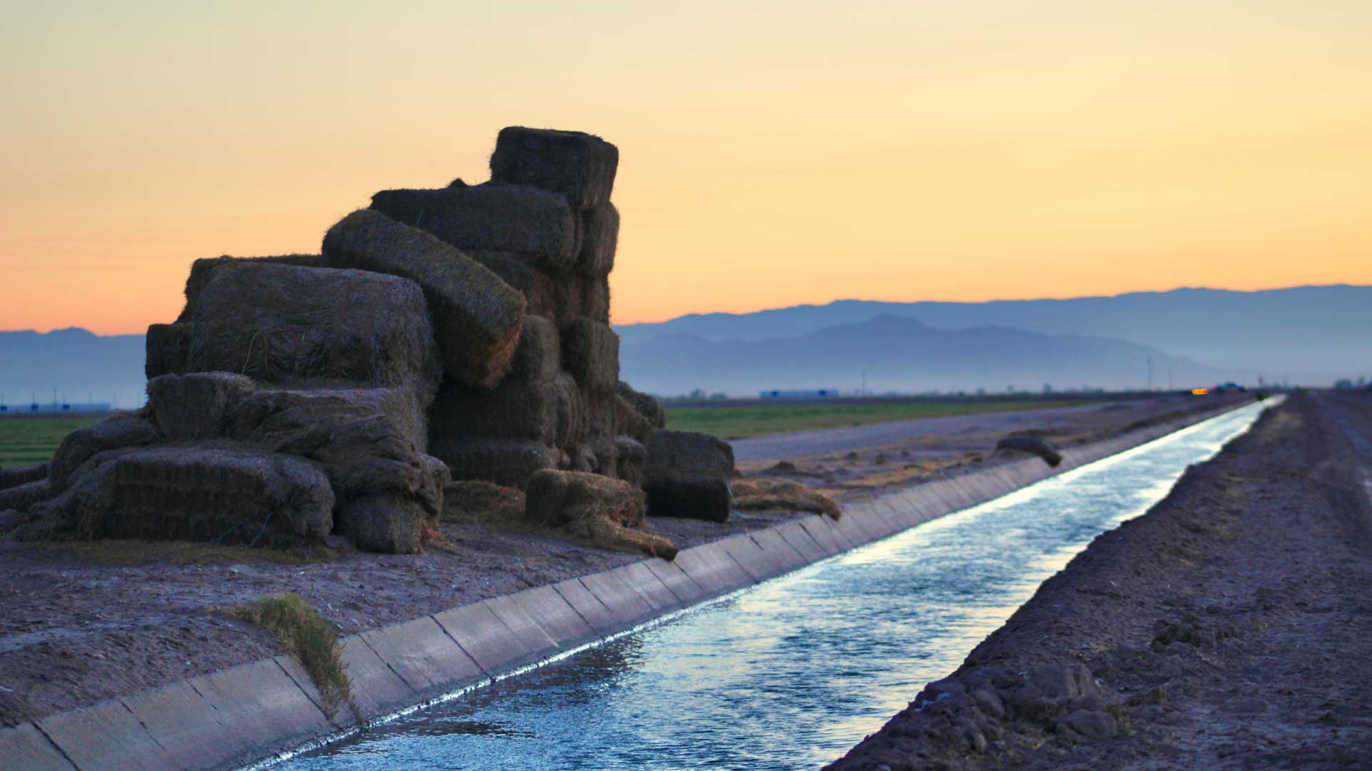 Stacks of hay bales sit beside an irrigation canal in Imperial Valley on June 20, 2023. Critics have called for reductions to the amount of alfalfa grown with Colorado River water. The particularly thirsty crop is mostly used for cattle feed.
