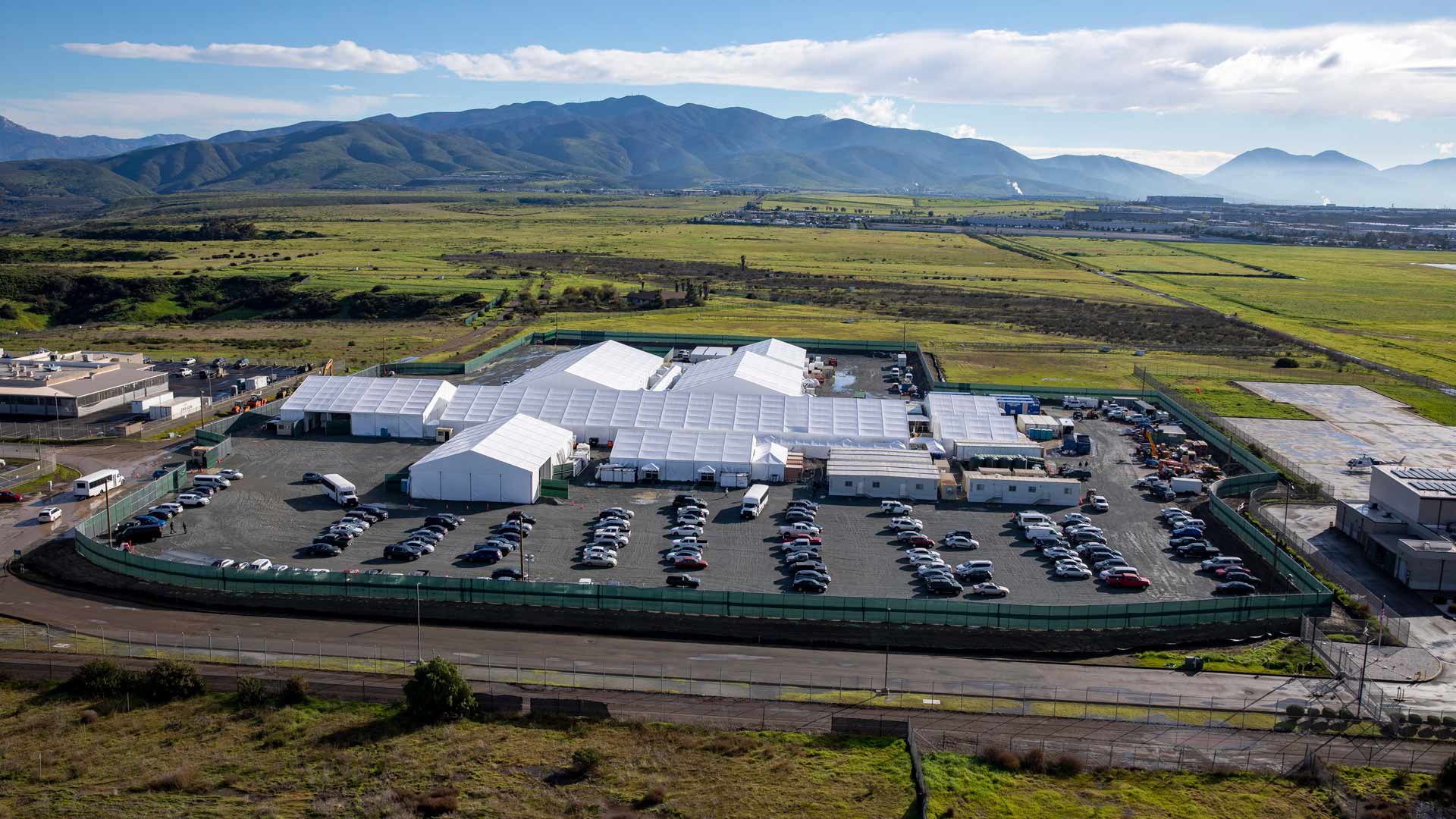 An aerial view of the soft-sided migrant processing facility at Otay Mesa in San Diego on Jan. 31, 2023.
