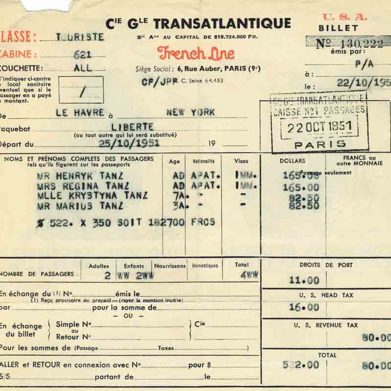 The ticket receipt for passage across the Atlantic to the United States. It shows the ages of Chris and her brother, Mark—7 and 3 respectively. The abbreviation “APat” refers to their status as stateless refugees.