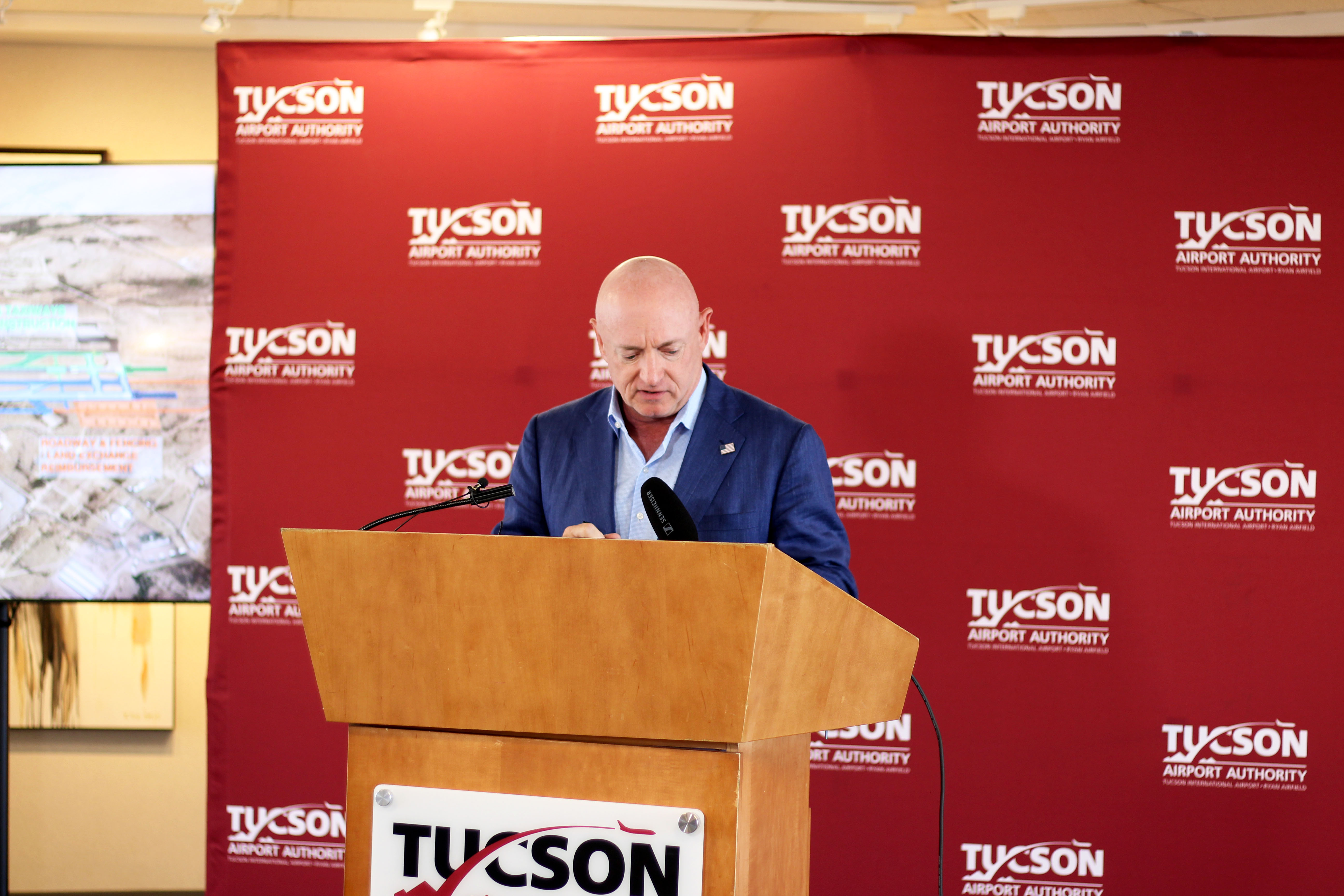 Senator Mark Kelly gives remarks about the Airfield Safety Enhancement (ASE) Project at the Tucson International Airport (TUS) on Tuesday, Aug. 1. The project prepares to build a new parallel runway and eliminate "hot spots" or areas that cause confusion at the airport. 