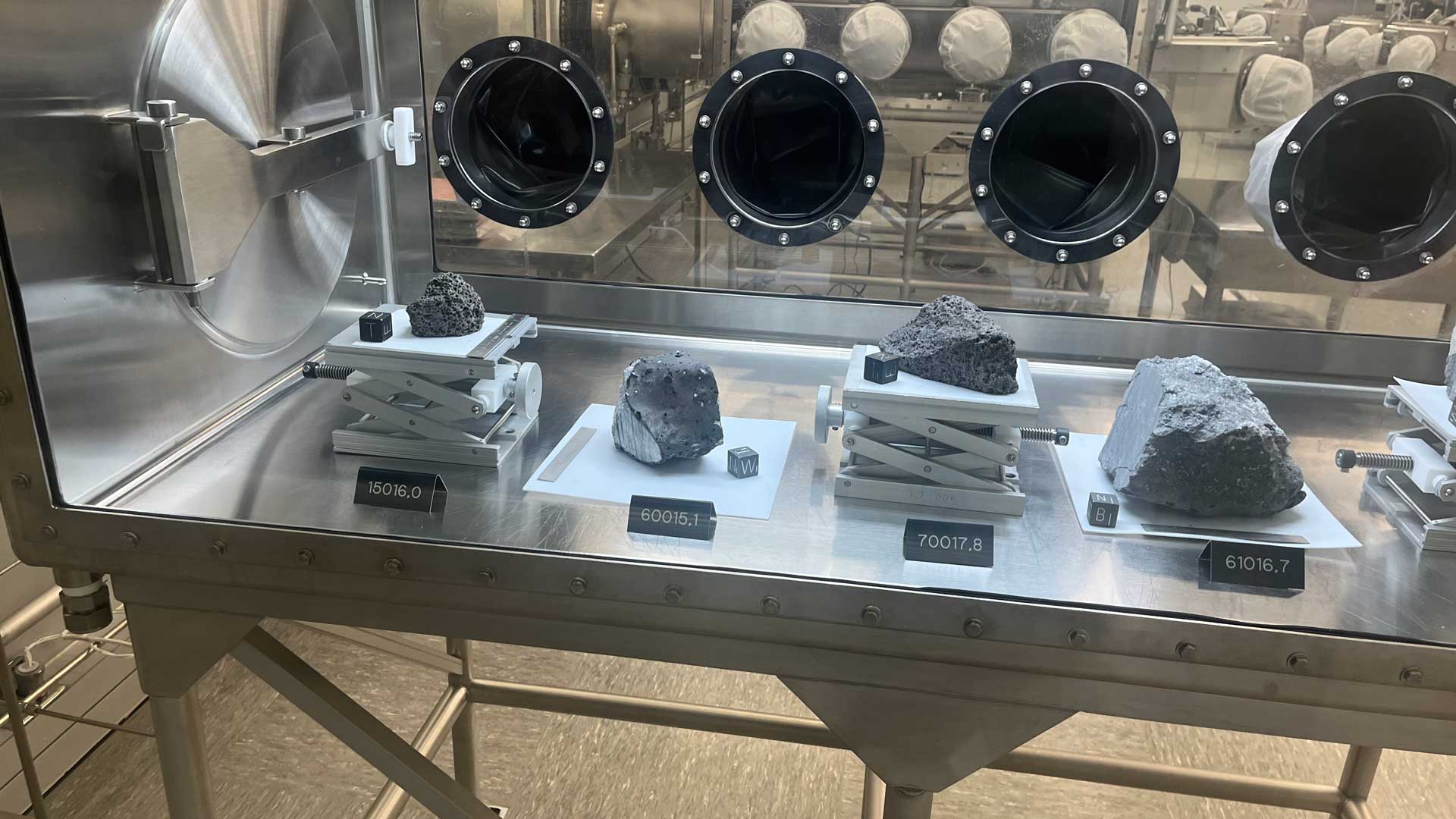 Rocks collected from the Moon by astronauts on the Apollo 15, 16, and 17 missions. The rocks are on display in the Lunar Lab at Johnson Space Center in Houston. 