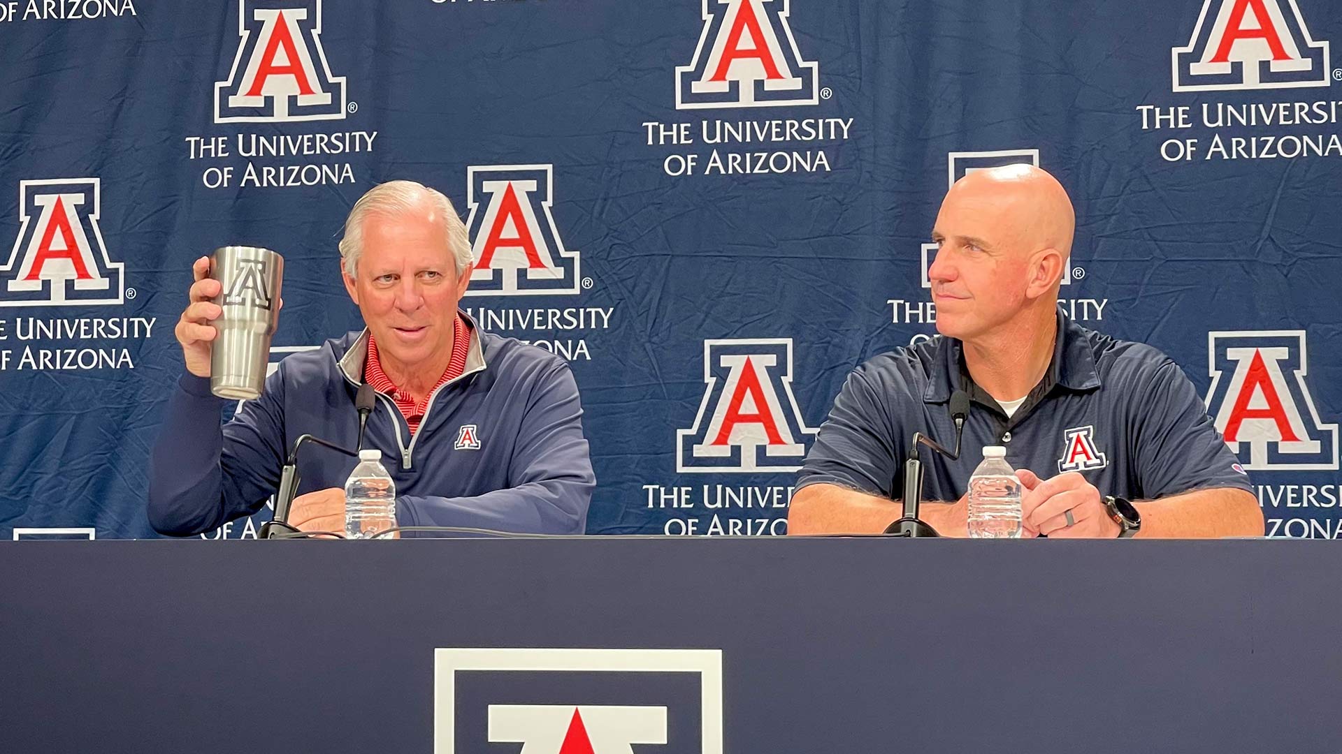 University President Robert Robbins and Chief Safety Officer Steve Patterson sit at a press conference on Friday, Aug. 25, 2023.