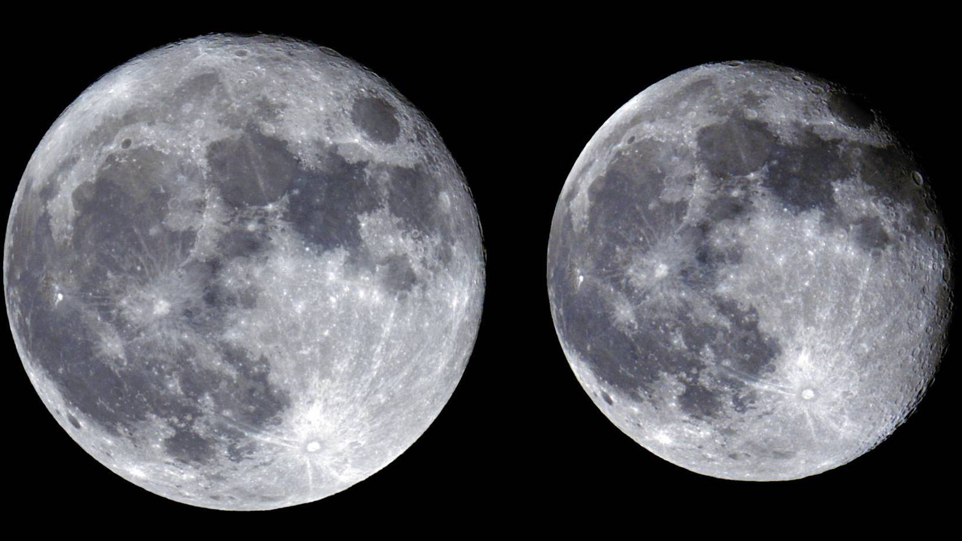 Images show the size difference between a supermoon (at left) and a mini-moon. 