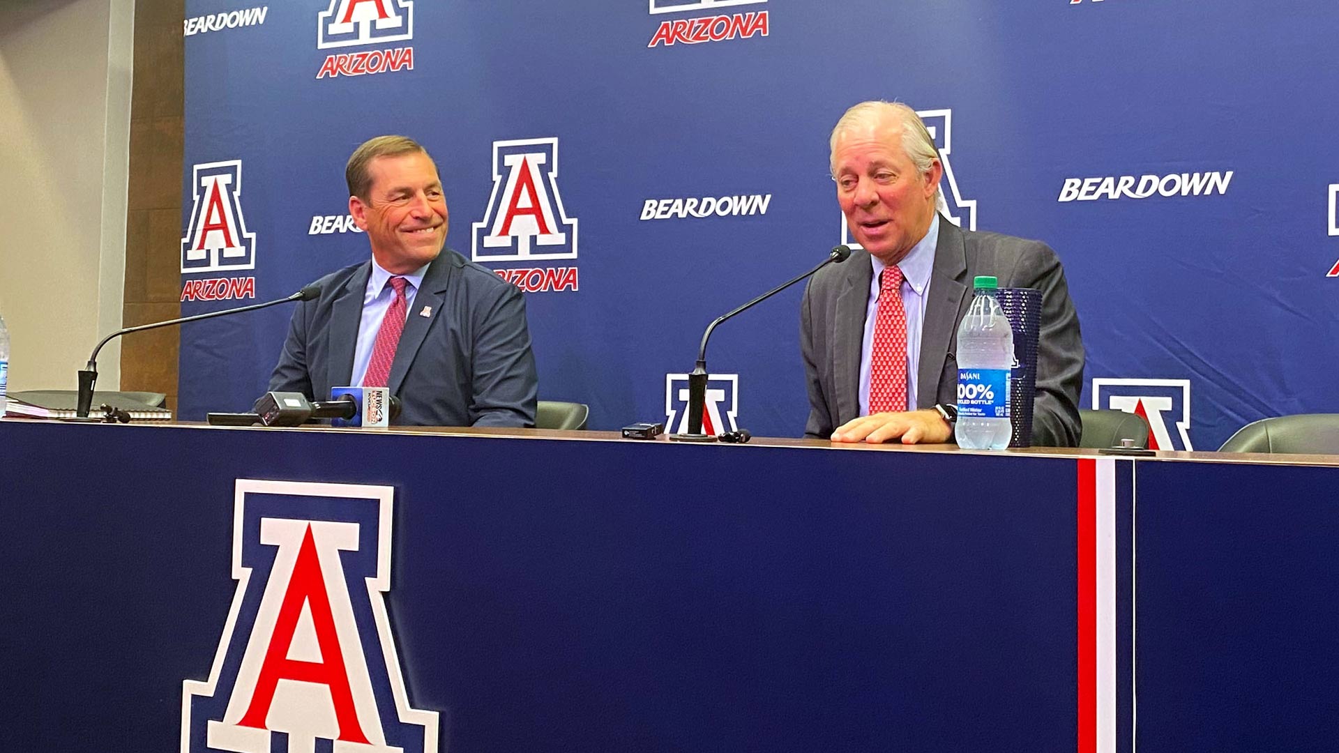 The University of Arizona Athletic Director Dave Heeke and President Robert C. Robbins, talk about UA joining the Big 12 Conference on Monday, Aug. 7 at Arizona Stadium in Tucson, Ariz. The press conference follows the announcement made Friday, that the UA was leaving the Pac-12 Conference, after nearly five decades. 