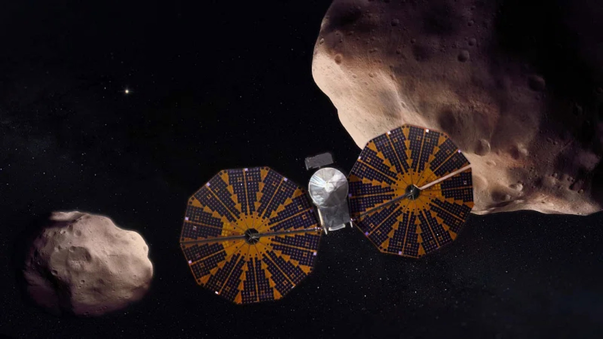 Illustration shows NASA's Lucy spacecraft visiting multiple asteroids during a 12 year mission.