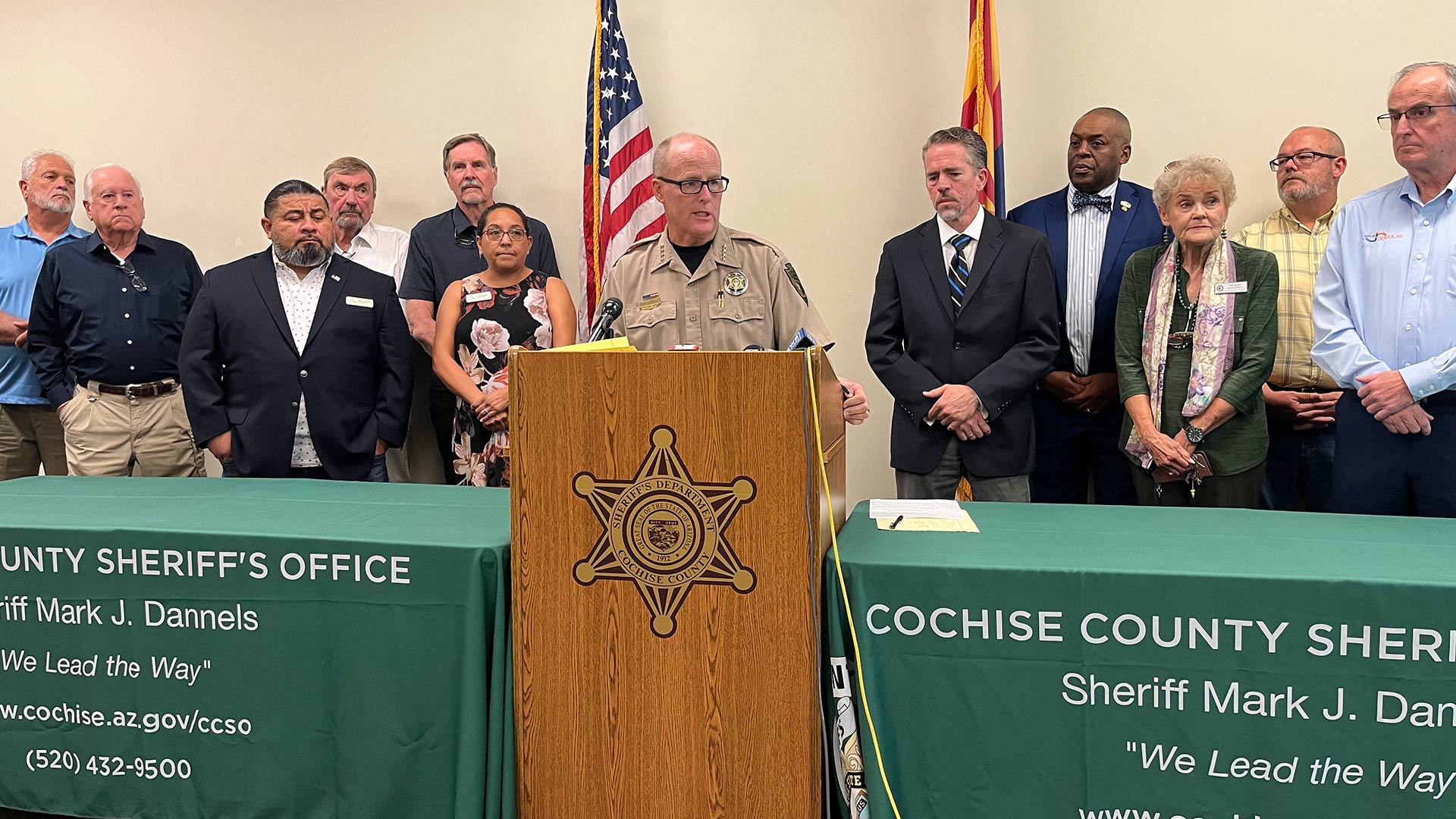 Cochise County Sheriff Mark Dannels and other elected officials and law enforcement talk to reporters on Thursday, Sept. 14 about Border Patrol releasing migrants without services on the street in Bisbee and Douglas.