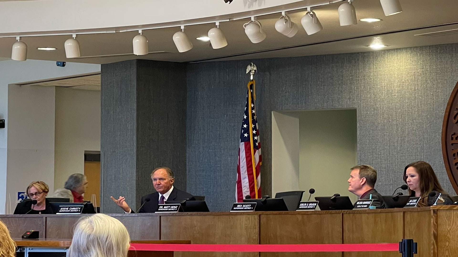 The Pima County Board of Supervisors sit at a meeting in Tucson, Ariz. on Tuesday, Sept. 19, 2023. From left to right: Supervisor Sharon Bronson, Supervisor Steve Christy, Supervisor Rex Scott, and Board Chair Adelita Grijalva. 