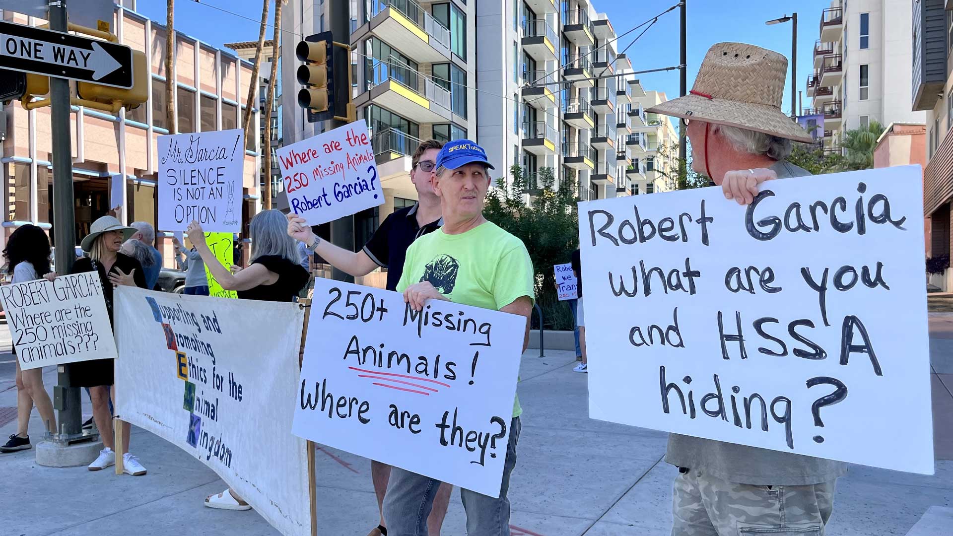 Animal advocates call for answers on what happened to 250 small pets, on Sept. 27, 2023, outside the downtown Tucson law office of Robert Garcia, chairman of the Humane Society board.