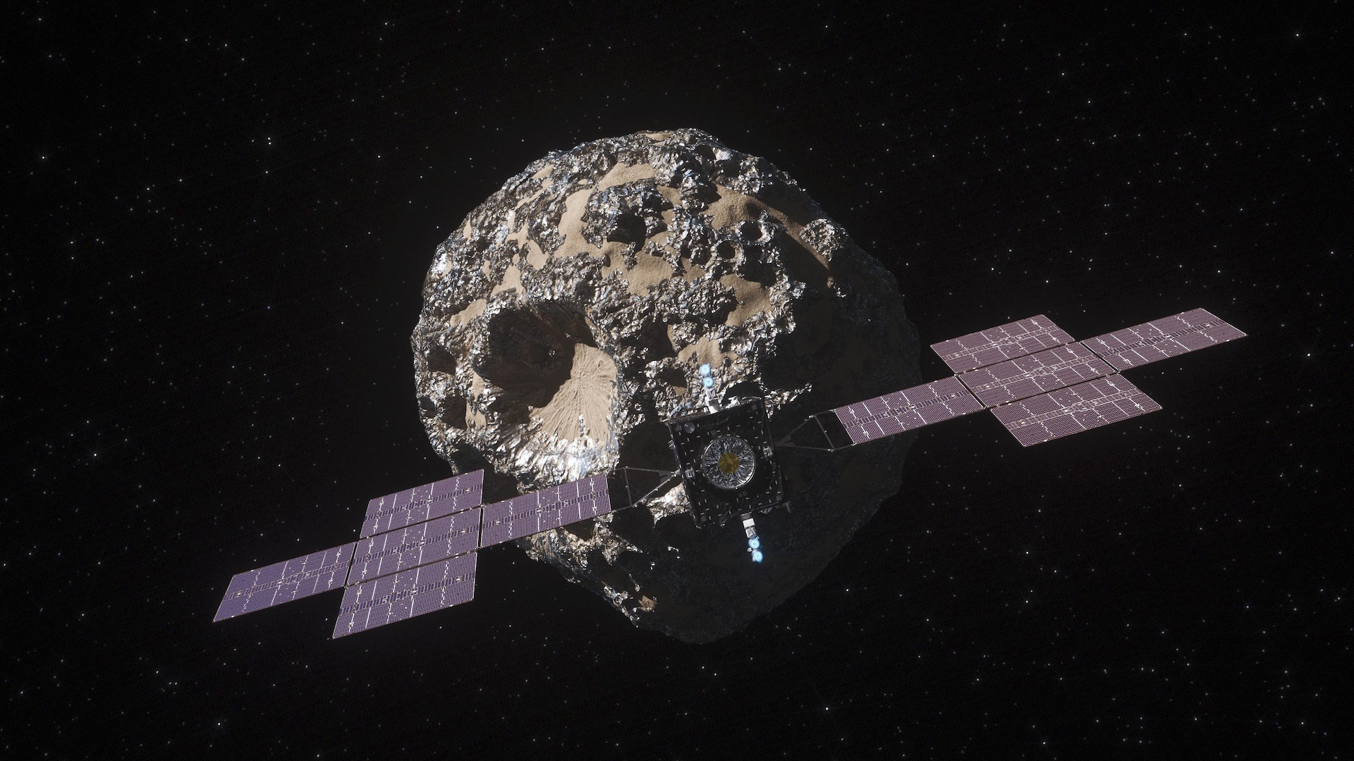 Illustration of NASA's Psyche spacecraft approaching the asteroid 16 Psyche in 2029.