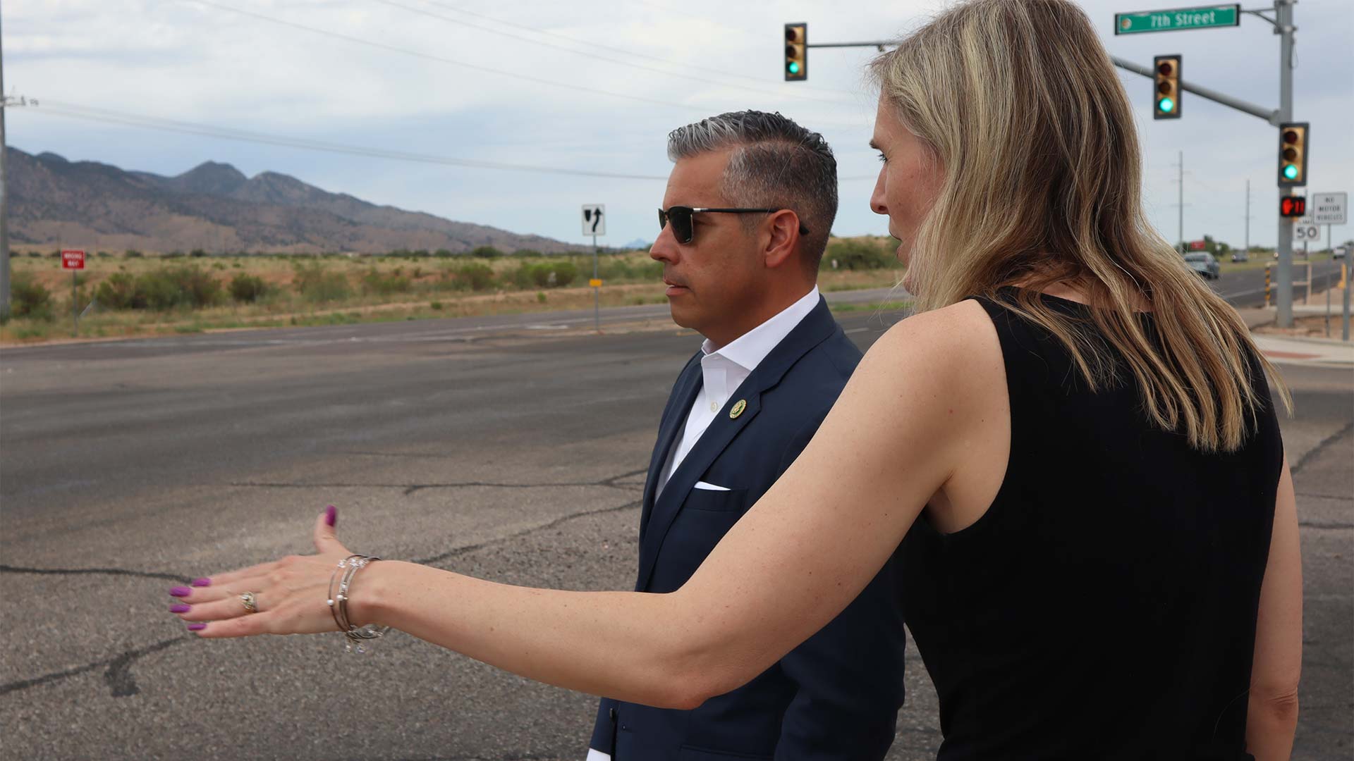 Congressman Juan Ciscomani (left) speaks with Sierra Vista Public Works Director Sharon Flissar (right) about the current state of Buffalo Soldier Trail, one of the major thoroughfares in Sierra Vista. September 7, 2023. 

