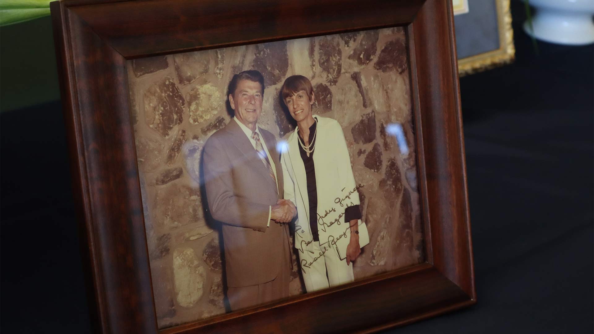 A Celebration of Life was held for former Cochise County Supervisor Judy Gignac, who was the first woman elected to the board from 1977-1988. A photo of Gignac (left) with President Ronald Reagan (right) was displayed for attendees during the event. January 9, 2024.
