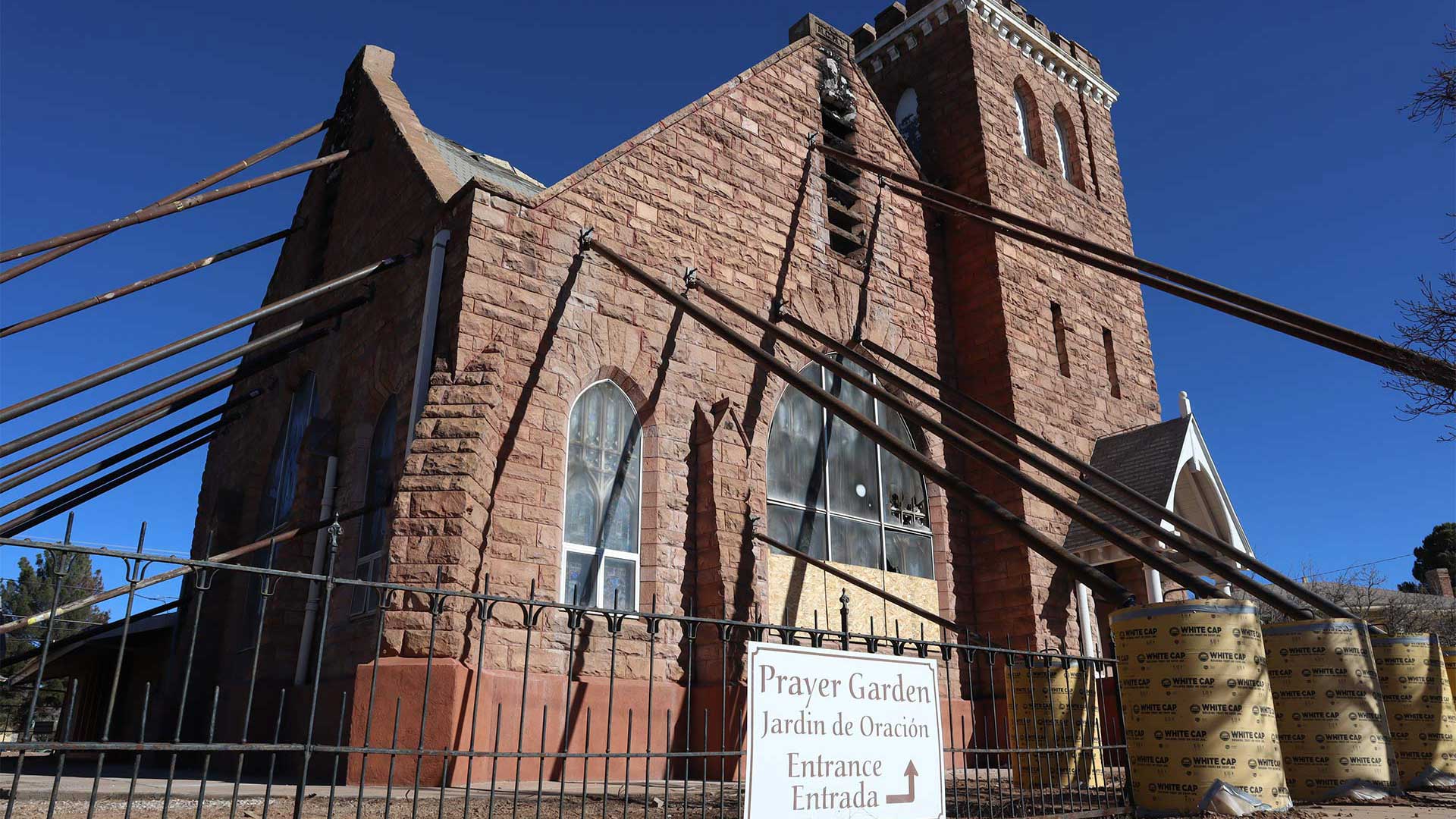First Presbyterian Church, which was one of the churches that burned in a suspected arson case in May of 2023, has been braced to stabilize the walls. December 15, 2023.