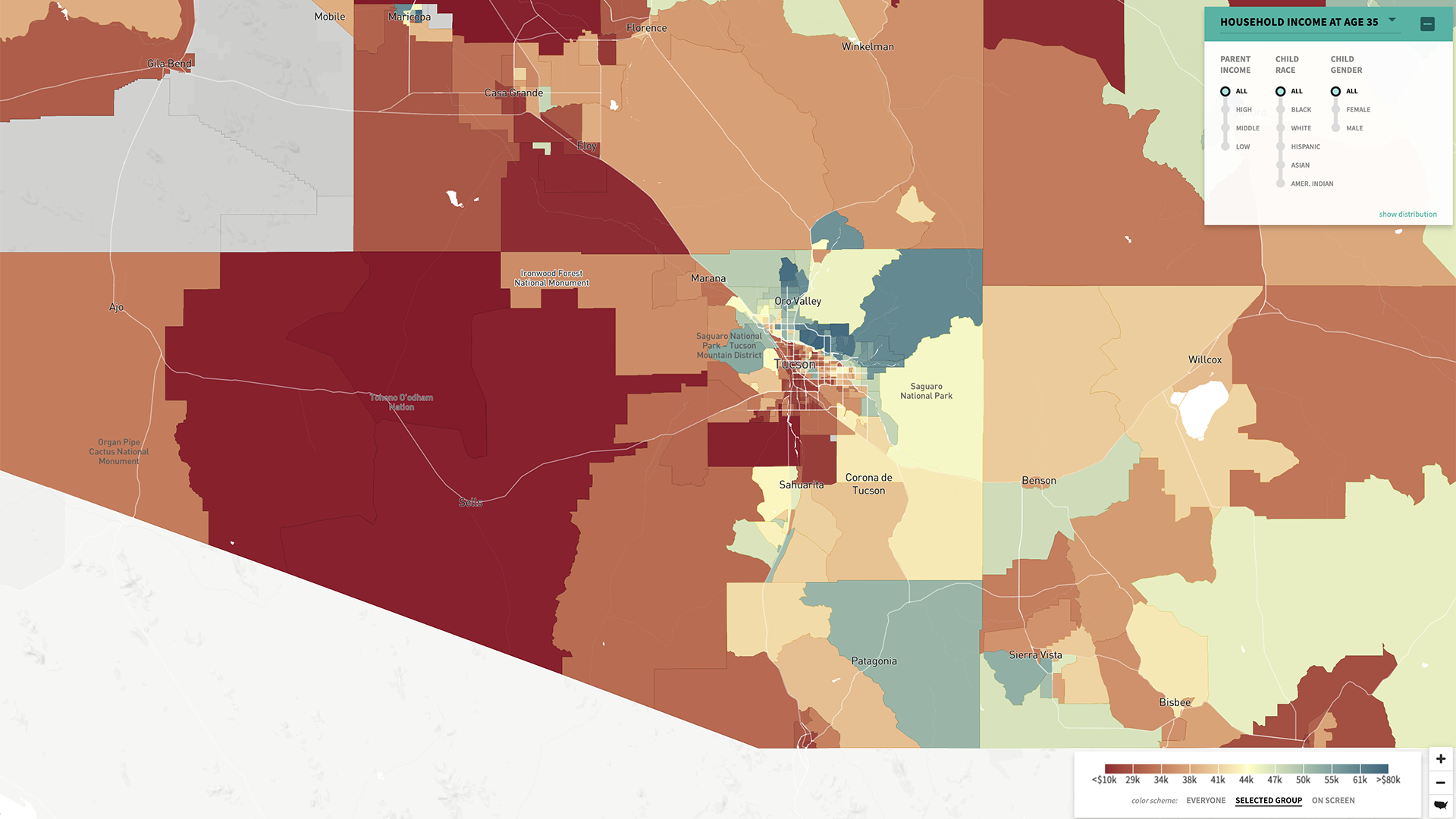 This map from Opportunity Atlas shows the average income for adults based on where they grew up.