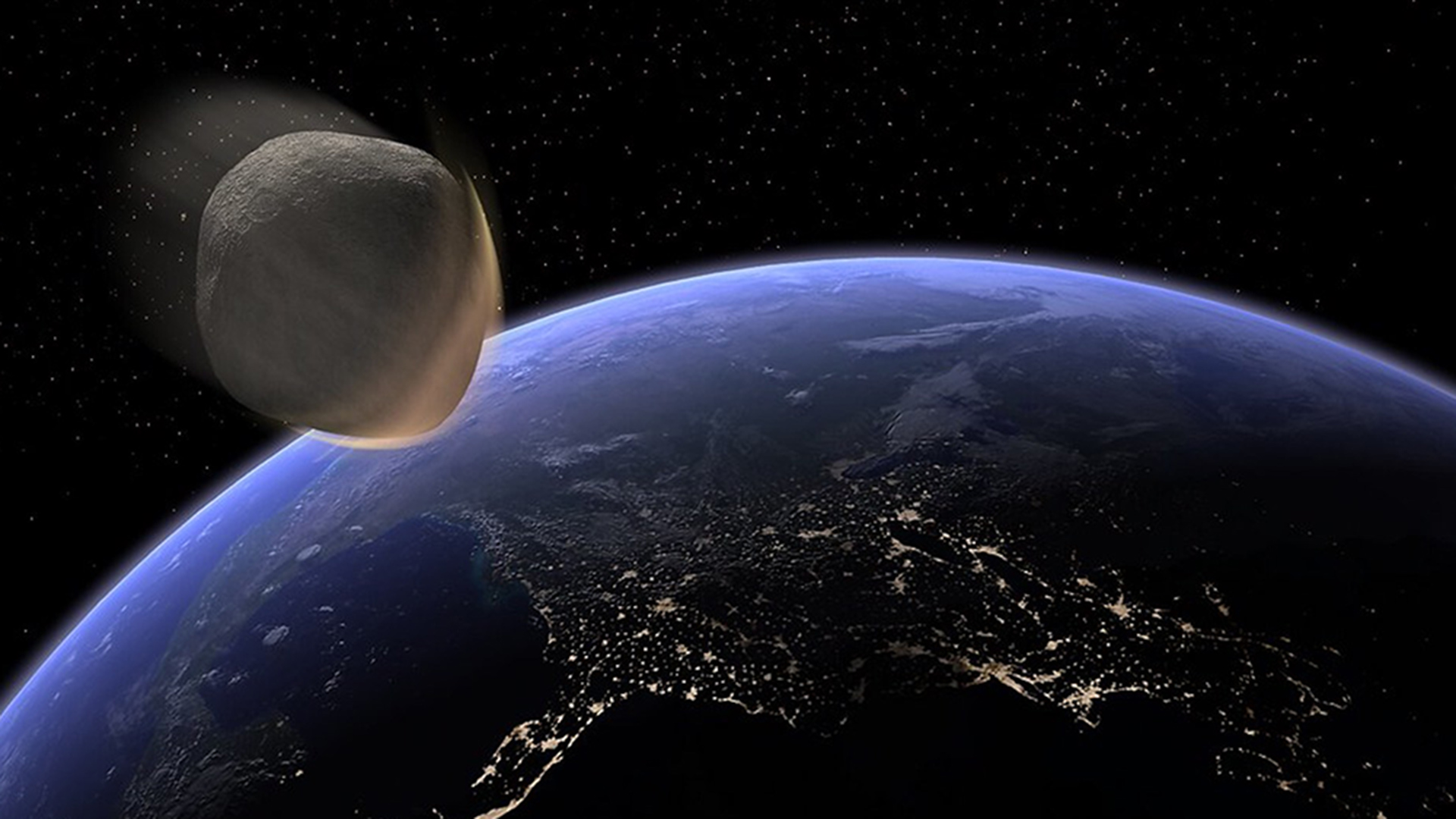 Asteroid approaches Earth's atmosphere.