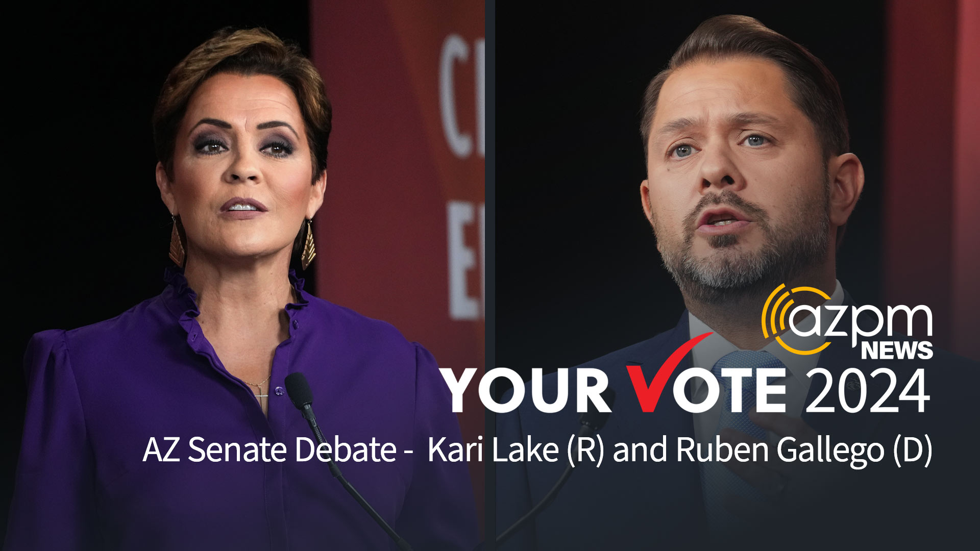 U.S. Representative Ruben Gallego (D - left) and Kari Lake (R - right) discuss the issues during an Arizona Clean Elections Debate on October 9, 2024. The two candidates are battling for a U.S. Senate seat.