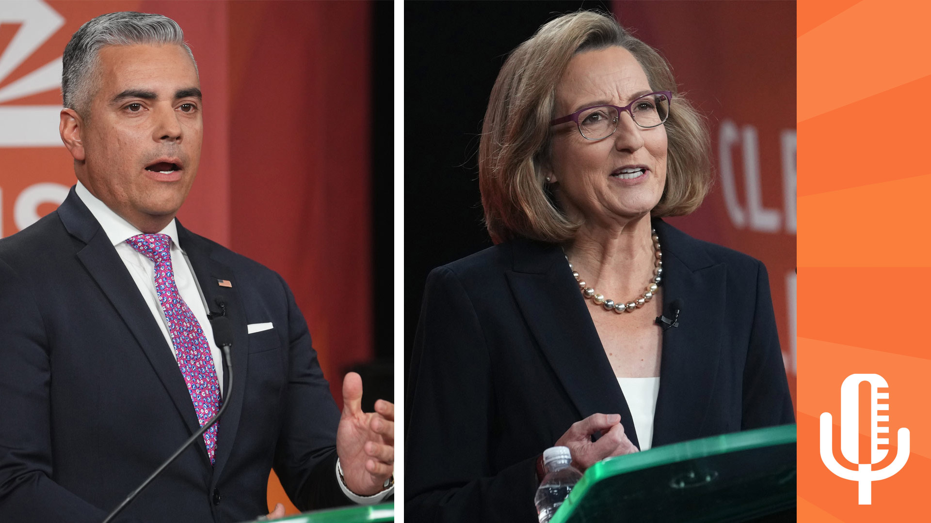 Incumbent Juan Ciscomani (R - left) and challenger Kirsten Engel (D - right) discuss the issues during an Arizona Clean Elections Debate on October 8, 2024. The two candidates are battling for Arizona Congressional District 6. 