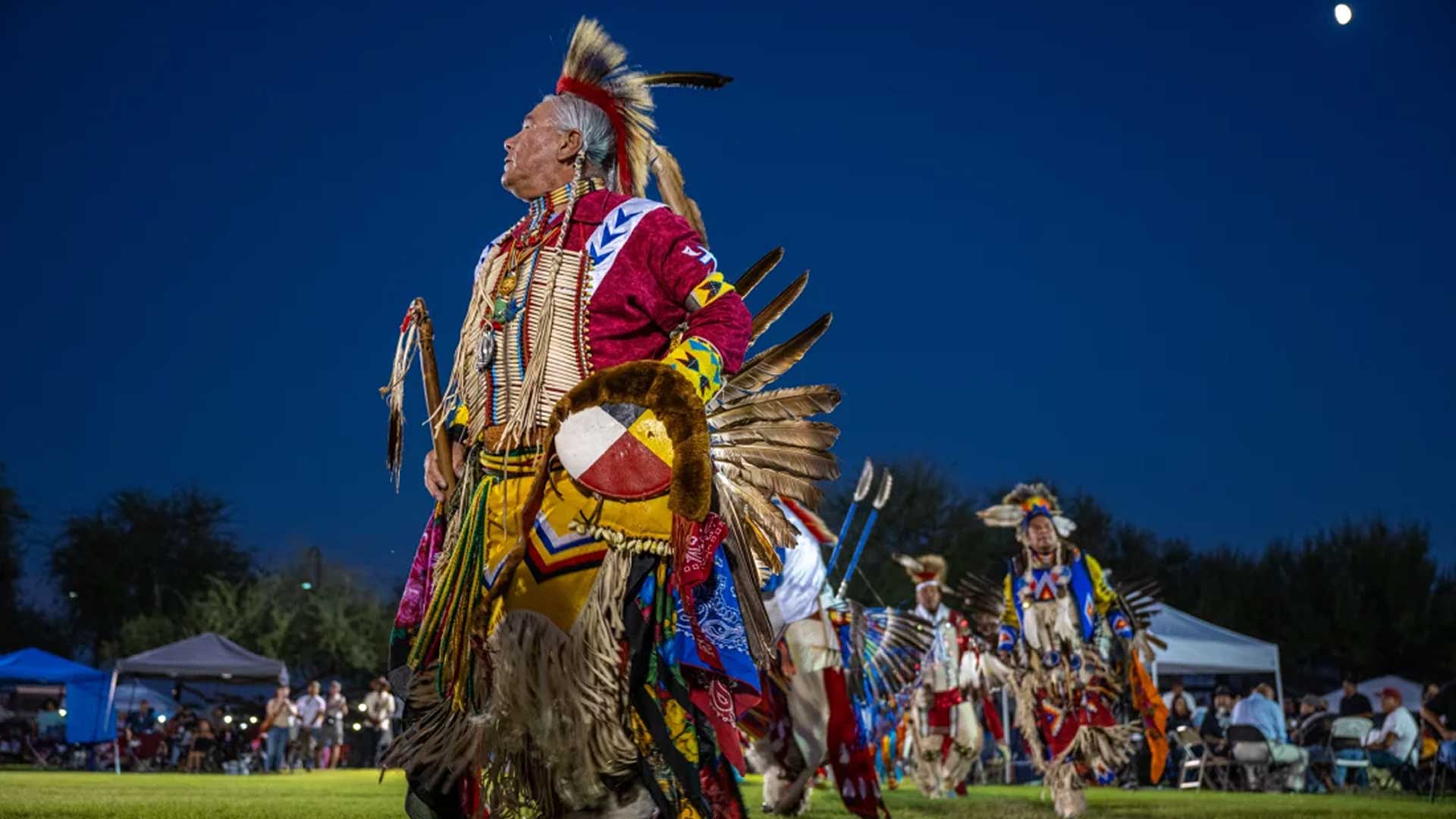 Drummers, dancers and other leaders gather to perform and socialize at the Phoenix Indian Center’s Gourd Dance and Social Powwow in the Steele Indian School Park in Phoenix, Ariz., on Oct. 12, 2024.