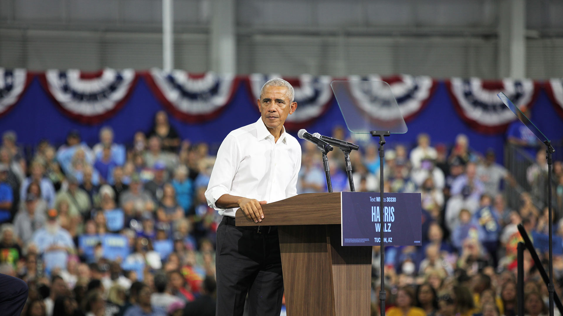 Former president Barack Obama at a get-out-the-vote rally in Tucson, Ariz., on Friday, Oct. 18, 2024. The rally, was held at the Cole and Jeannie Davis Sport Center on the University of Arizona campus. Harris campaign staffers estimated thousands of voters who attended the event.