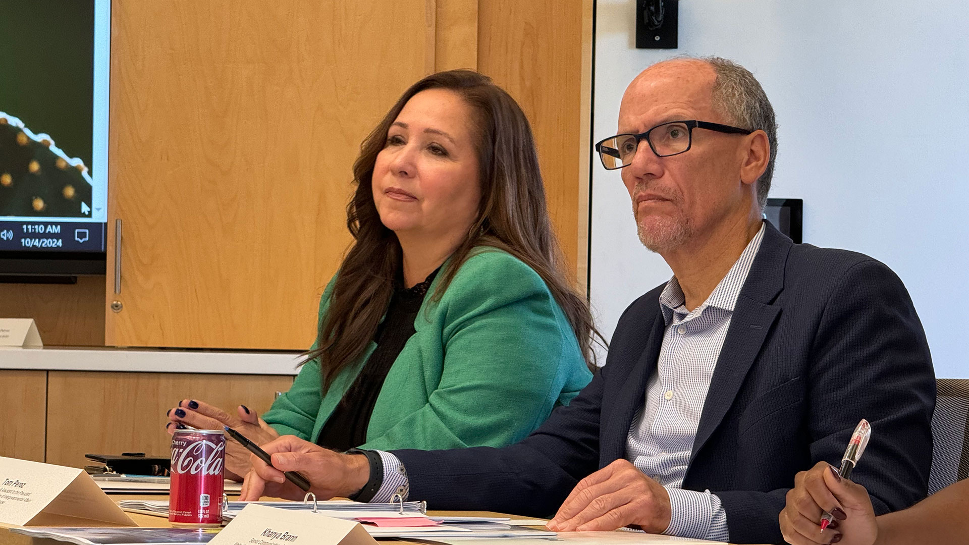 Senior Advisor and Assistant to the President Tom Perez (right) and Pima County Board of Supervisors Chair Adelita Grijalva (left) at a White House event in Tucson, Ariz., on Friday, Oct. 4, 2024.