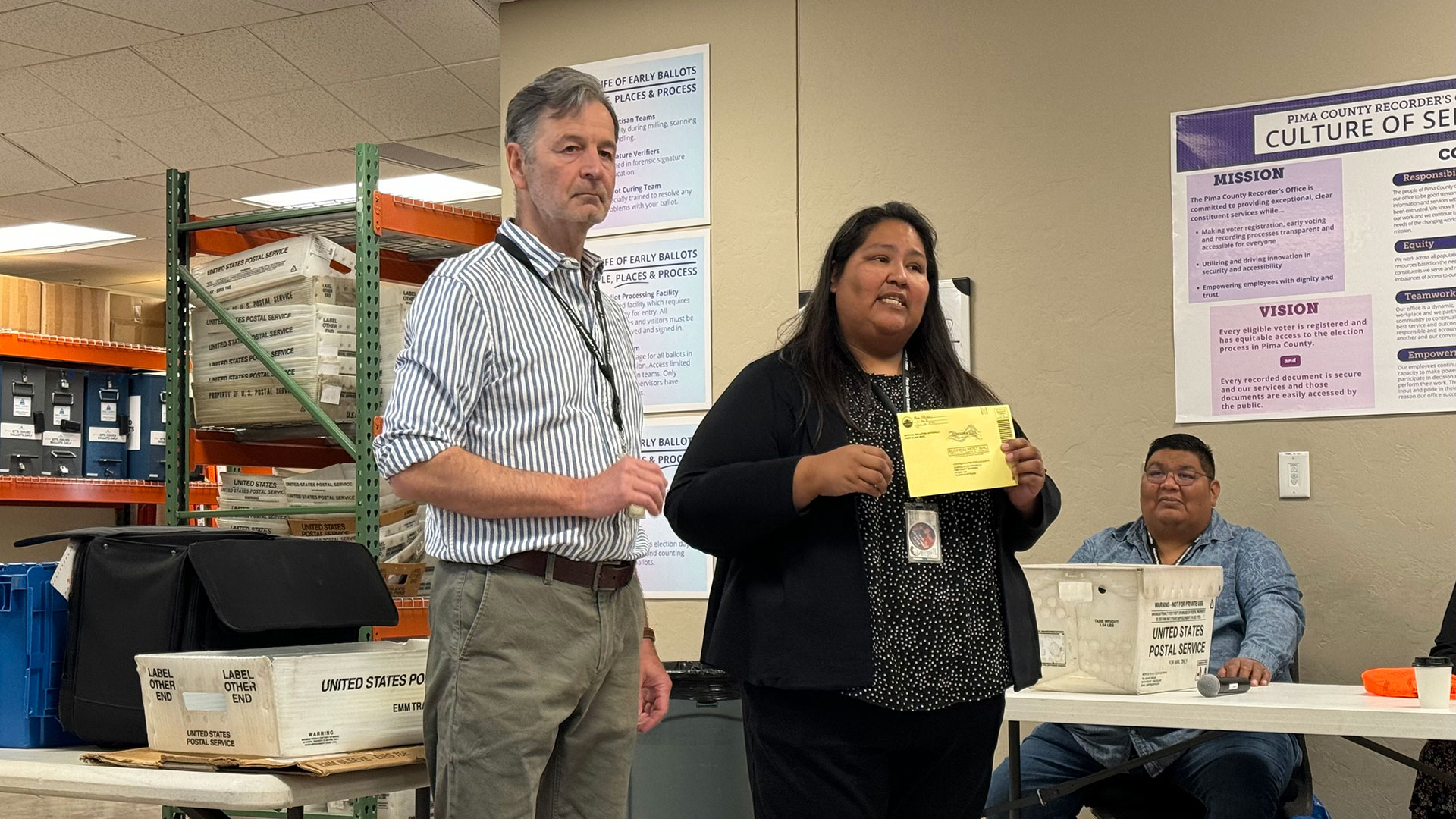 Pima County Recorder Gabriella Cázares-Kelly (right) speaks at a voting information session on May 3, 2024 in Tucson, Ariz.