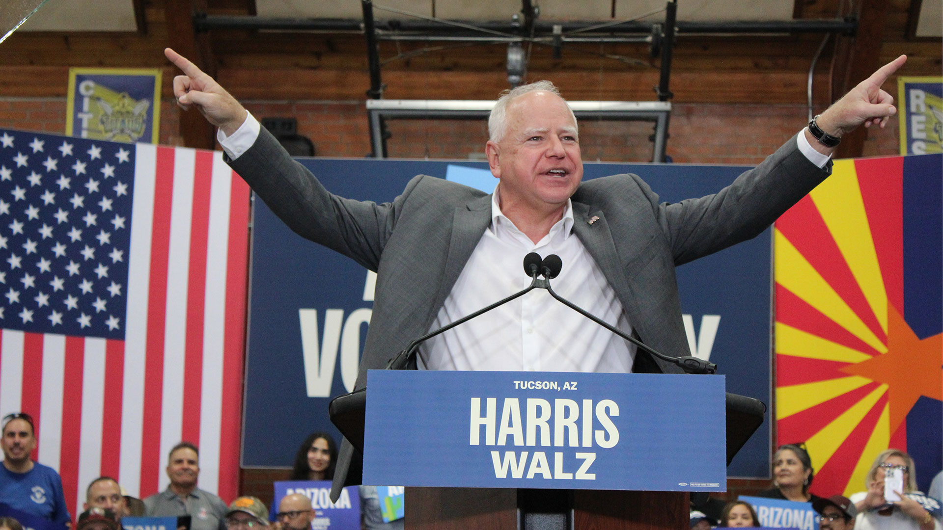 Vice Presidential Candidate Tim Walz at a campaign event in Tucson, Ariz., on Wednesday, Oct. 9, 2024. 