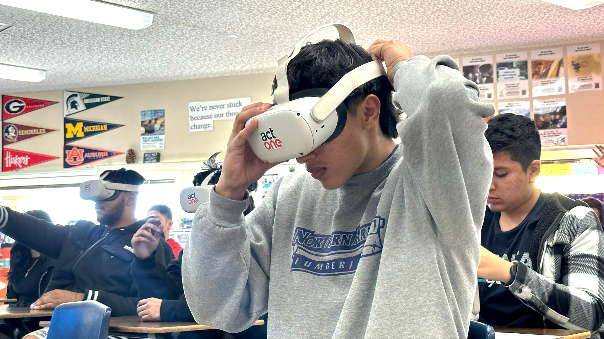 Students wearing a VR set