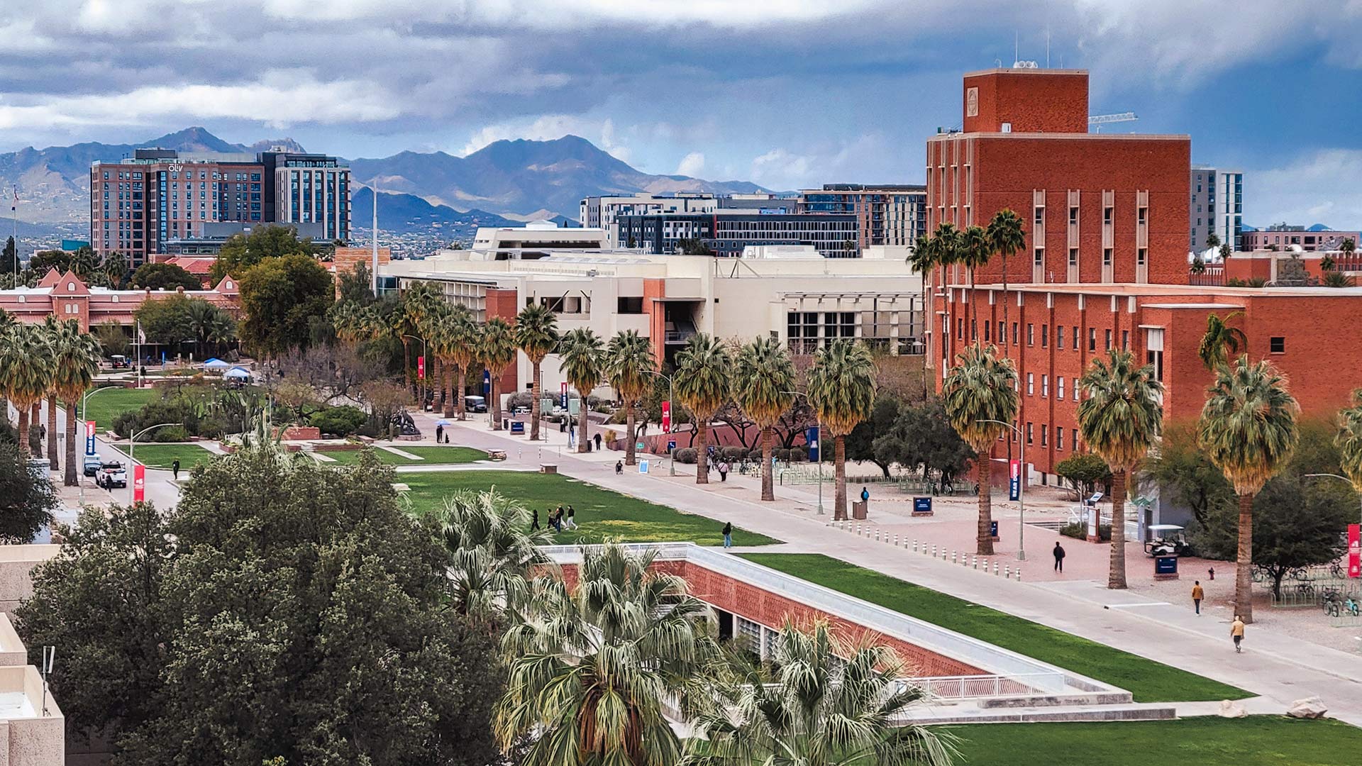 Looking west across the University of Arizona mall. The Student Union Memorial Center and Old Main can both been seen.